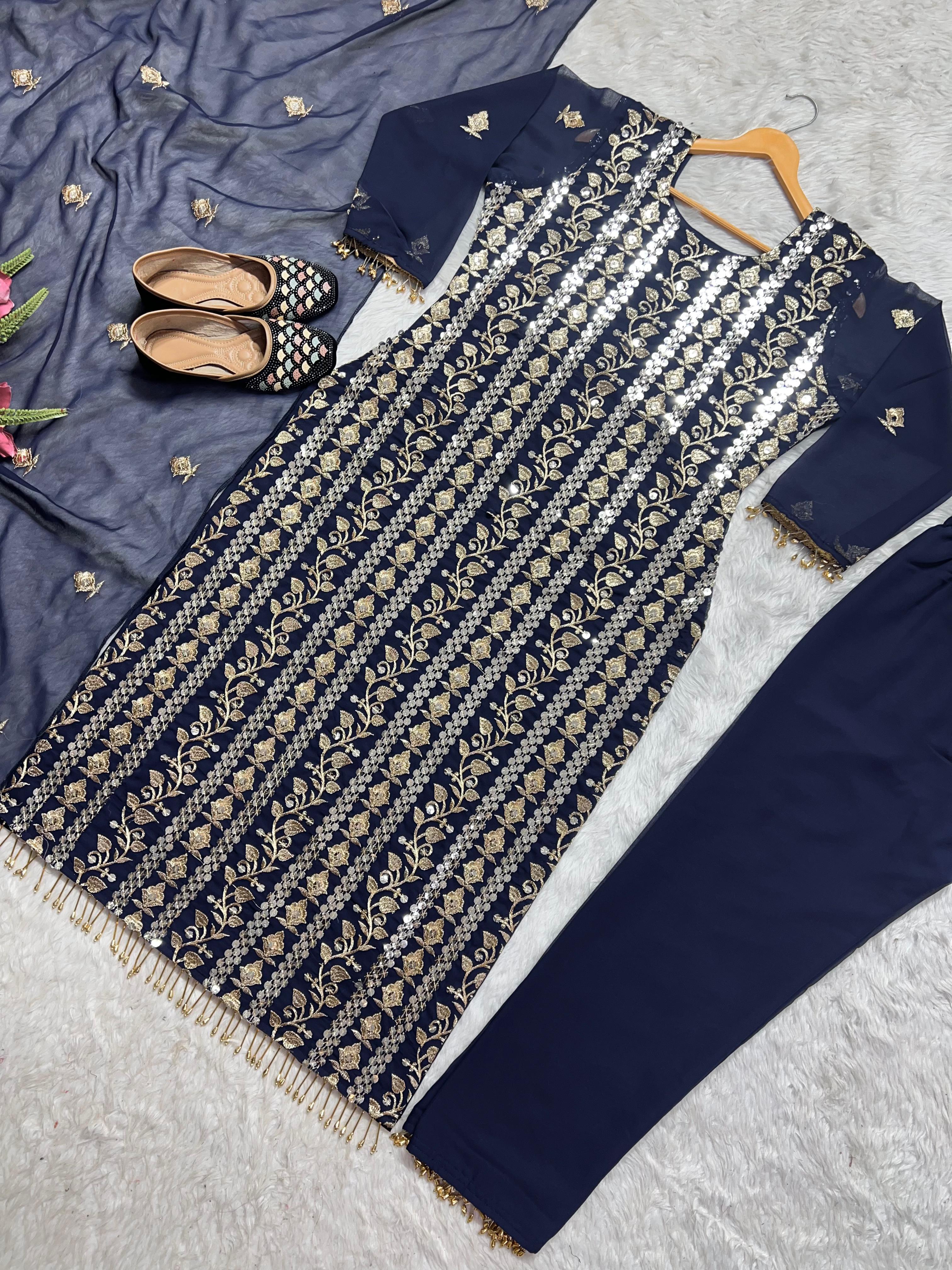 Decent Embroidered Work Navy Blue Color Salwar Suit