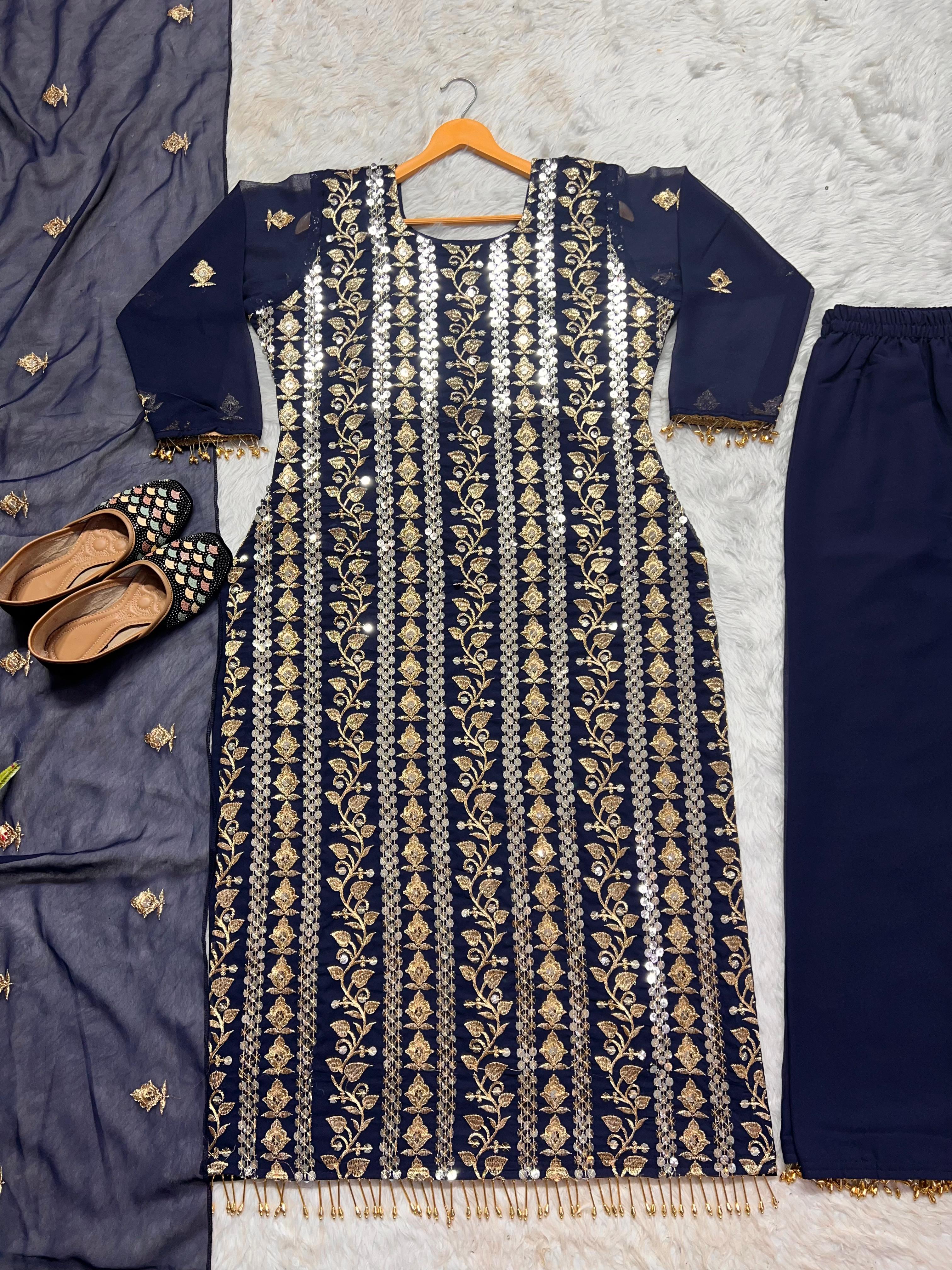 Decent Embroidered Work Navy Blue Color Salwar Suit