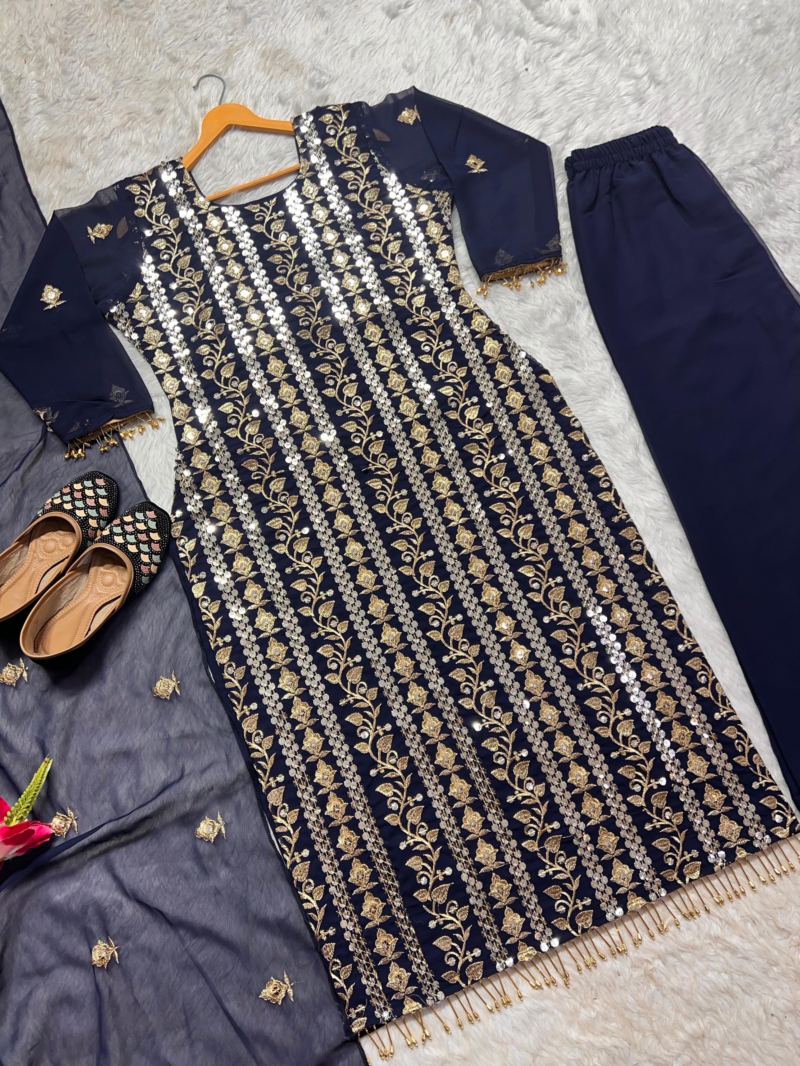 Decent Embroidered Work Navy Blue Color Salwar Suit