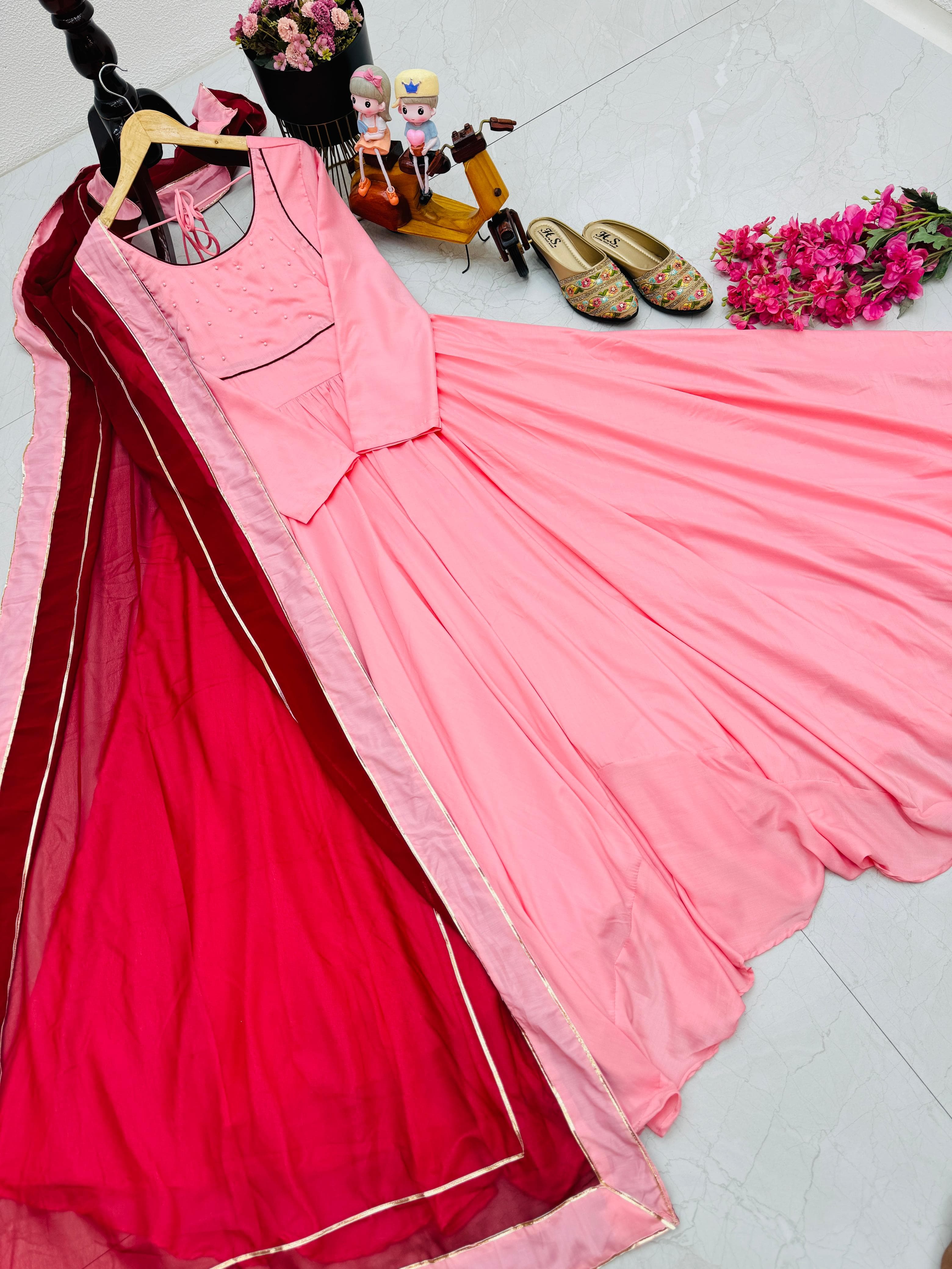 Alluring Peach Color Moti Work Gown With Red Dupatta