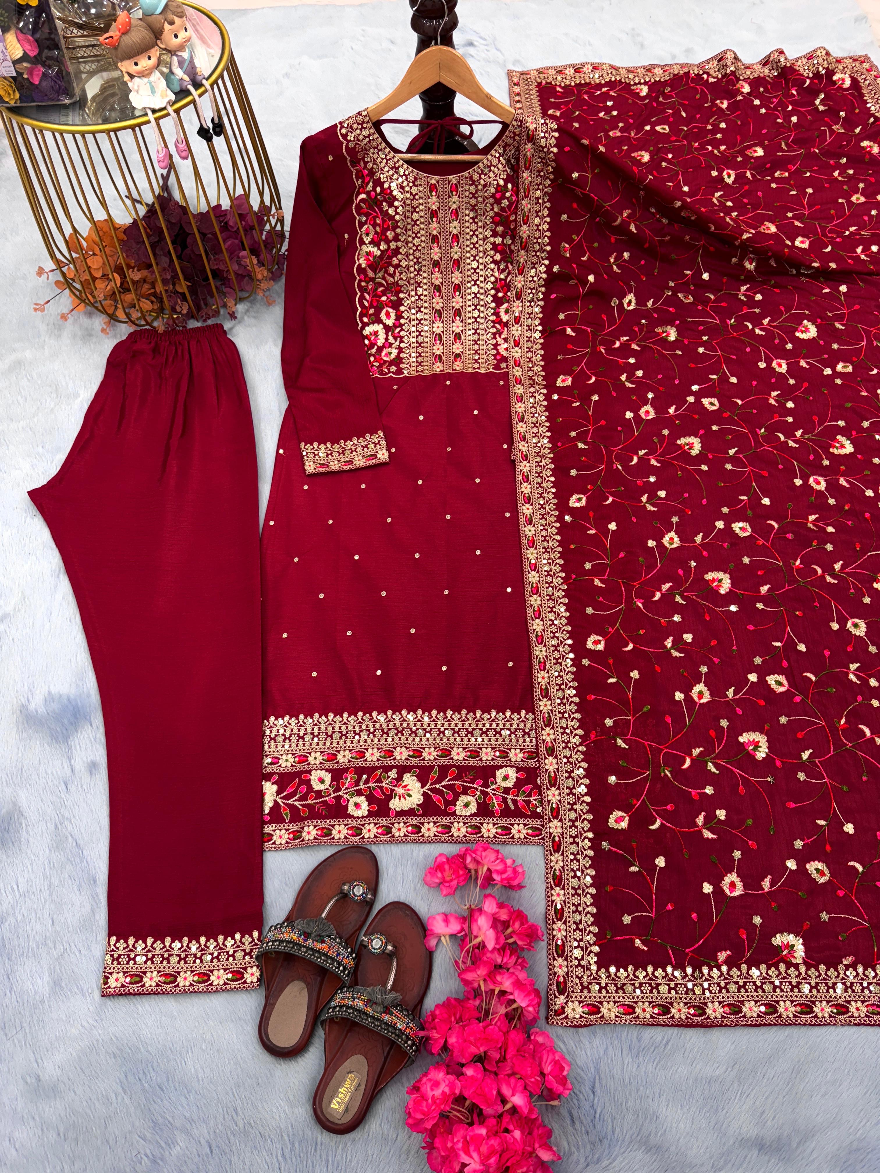 Admiring Embroidery Sequence Work Maroon Color Kurti Pair