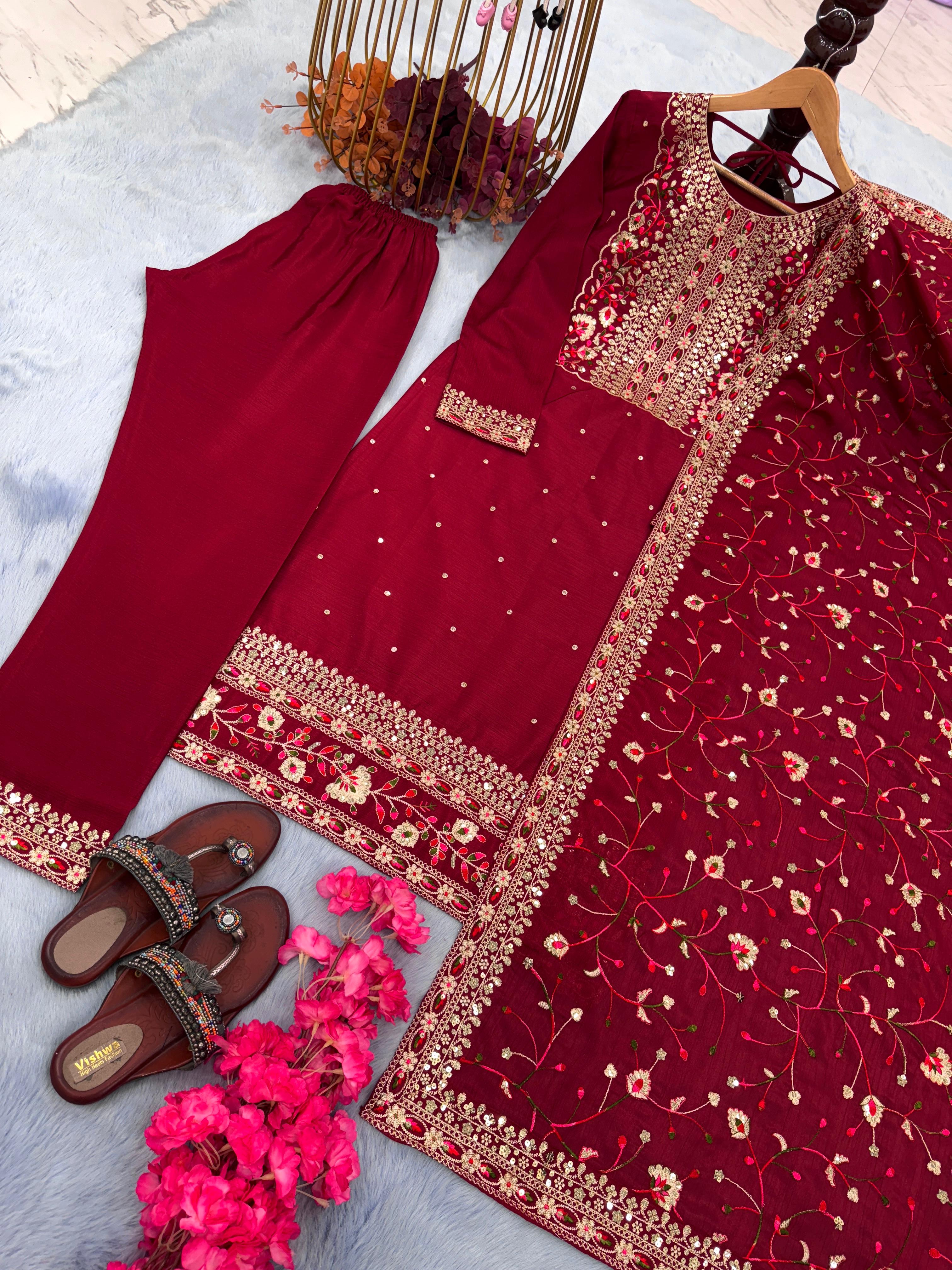 Admiring Embroidery Sequence Work Maroon Color Kurti Pair