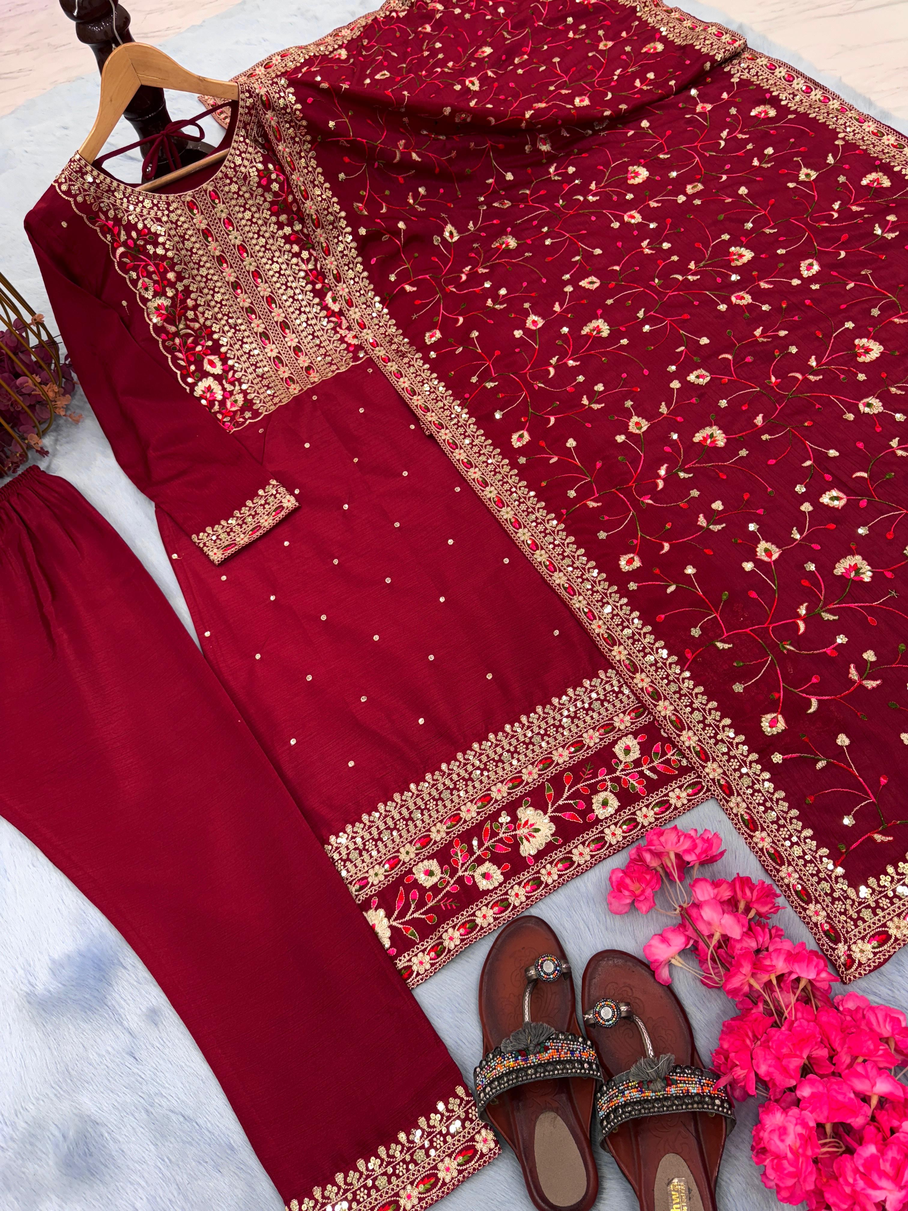 Admiring Embroidery Sequence Work Maroon Color Kurti Pair