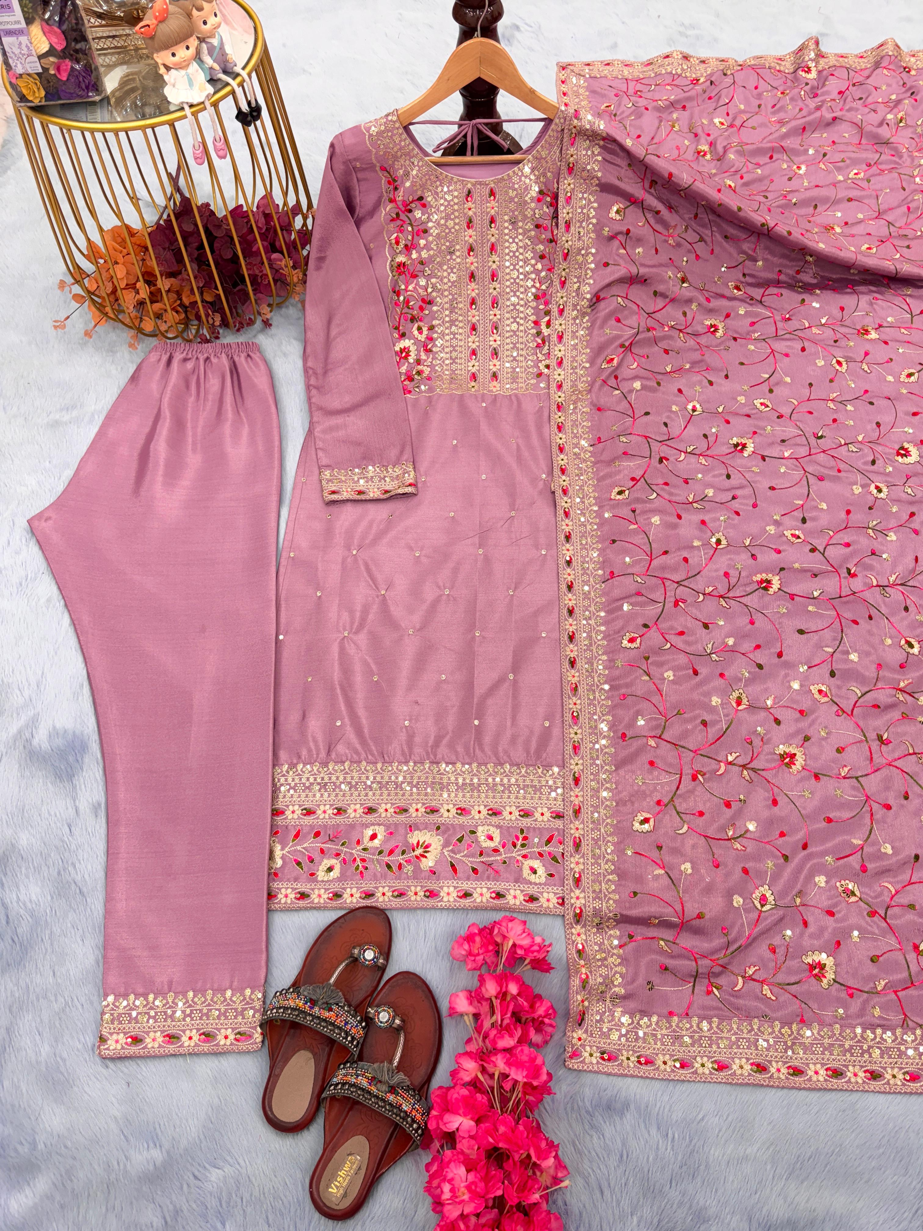 Admiring Embroidery Sequence Work Dusty Pink Color Kurti Pair