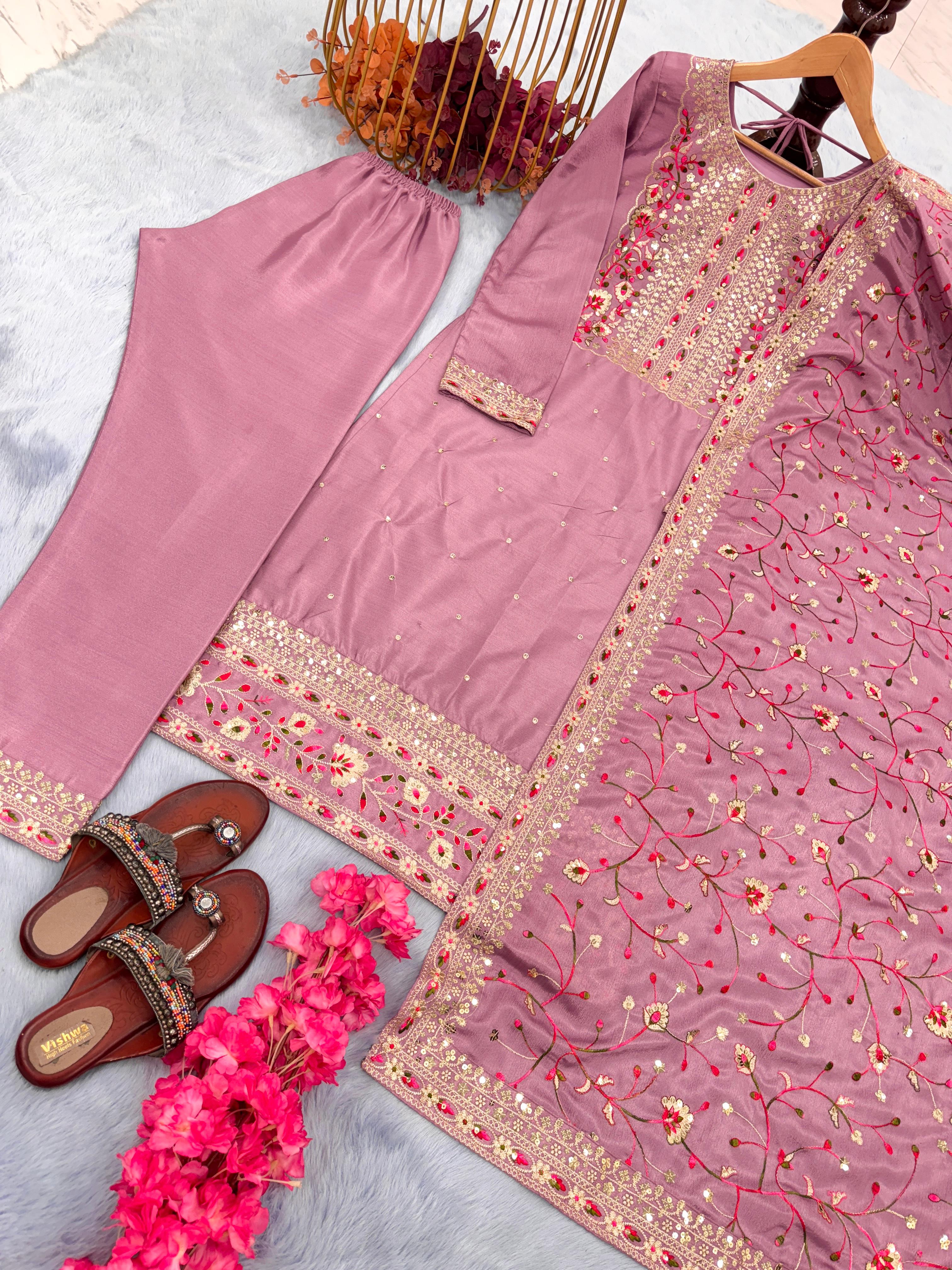 Admiring Embroidery Sequence Work Dusty Pink Color Kurti Pair