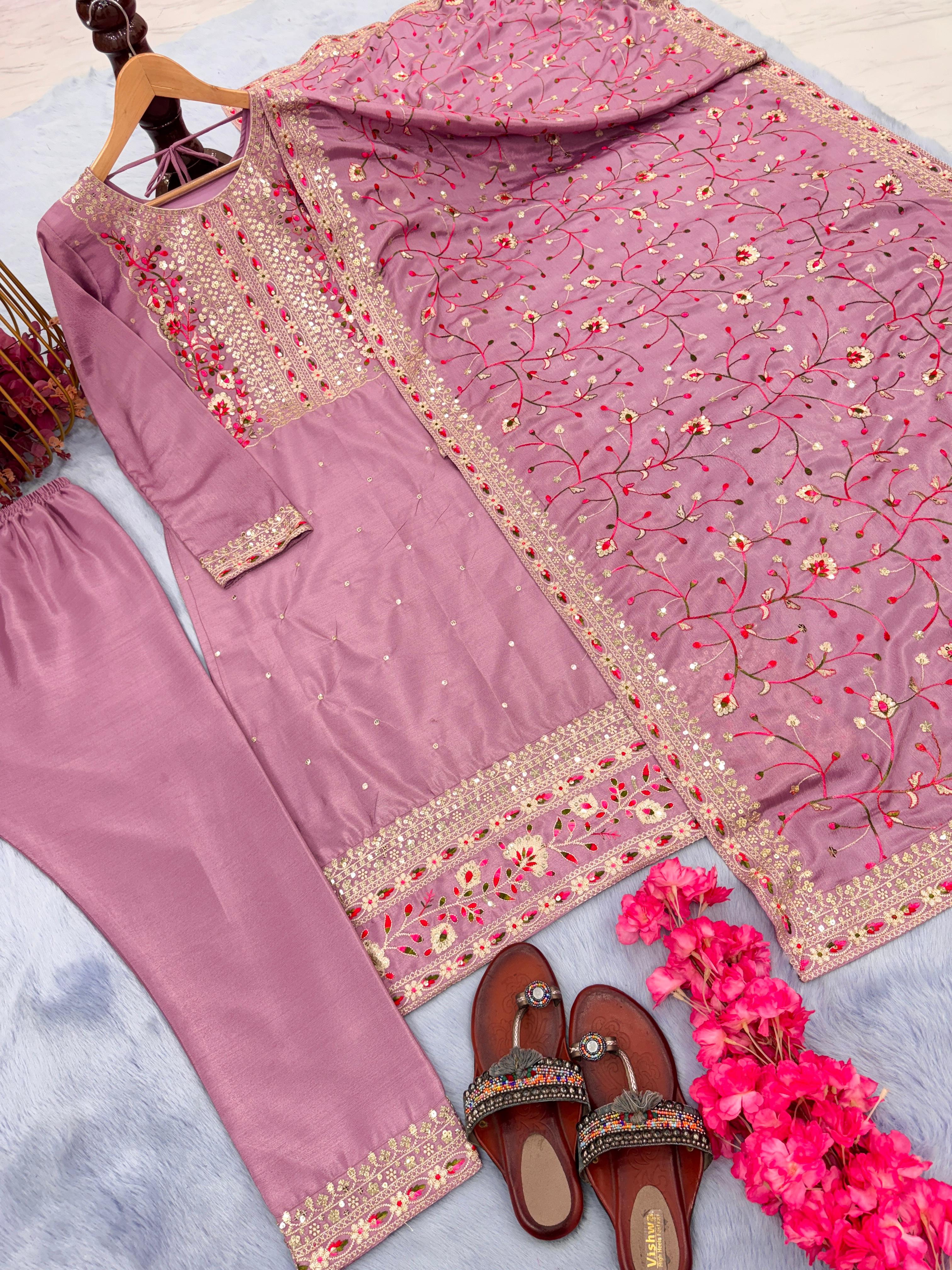 Admiring Embroidery Sequence Work Dusty Pink Color Kurti Pair