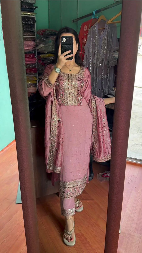 Admiring Embroidery Sequence Work Dusty Pink Color Kurti Pair