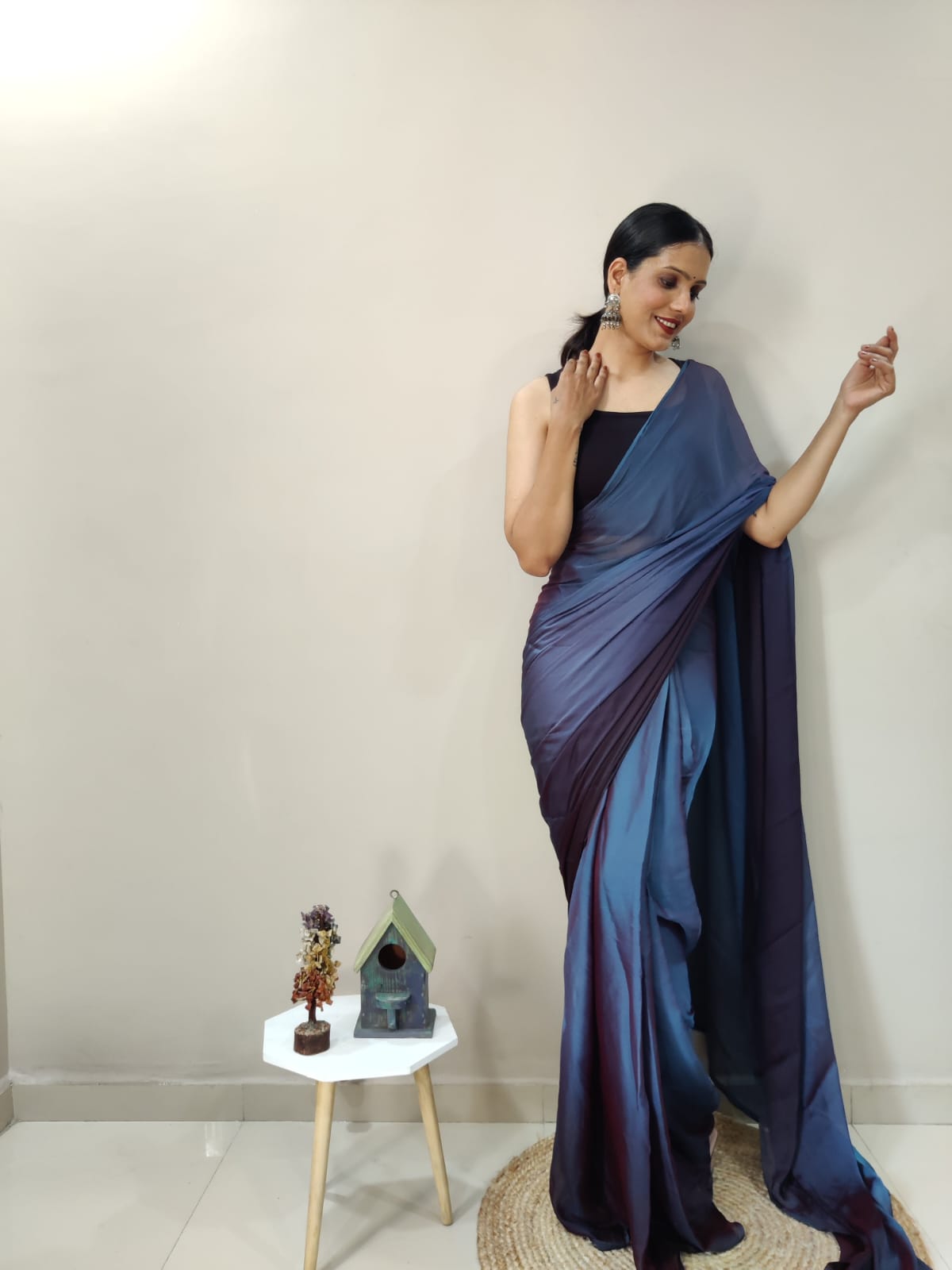 Stylish Navy Blue Color Shade Ready To Wear Saree