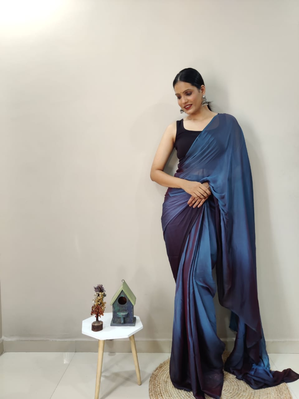 Stylish Navy Blue Color Shade Ready To Wear Saree