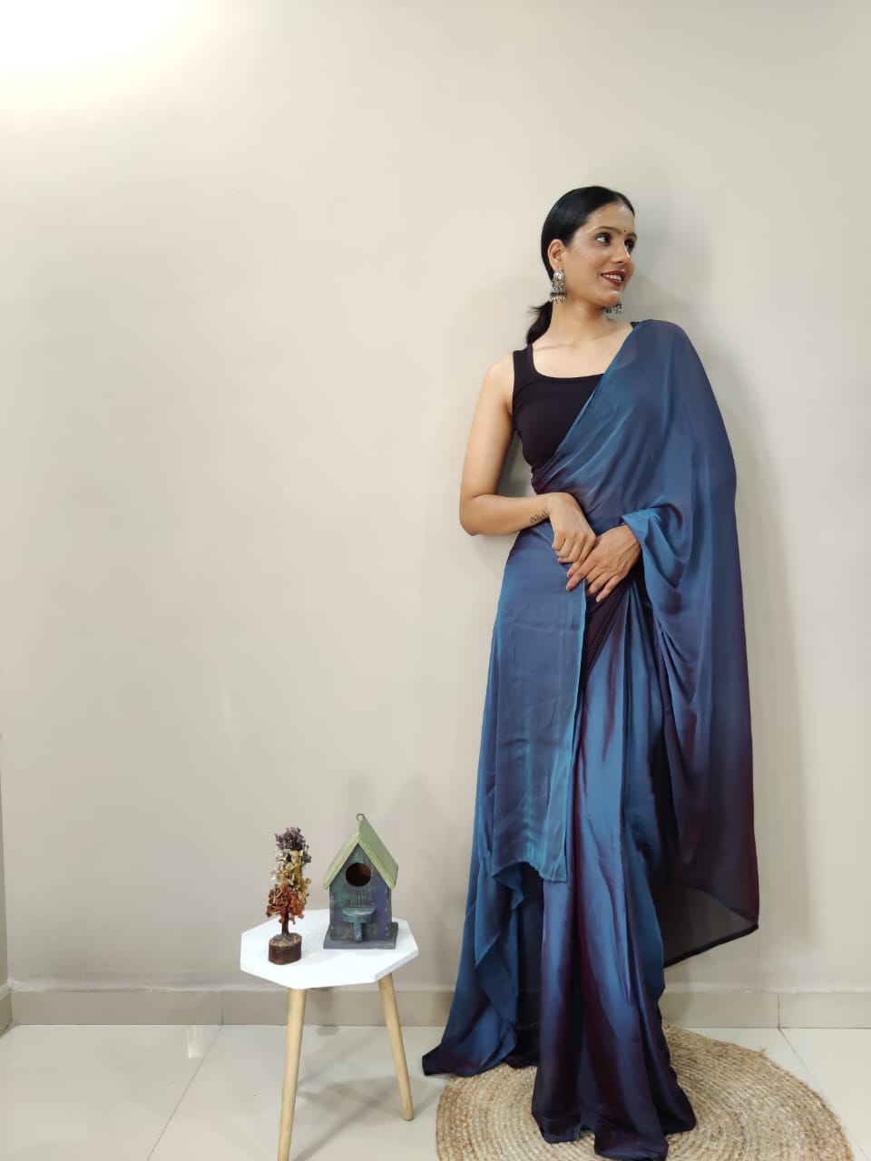 Stylish Navy Blue Color Shade Ready To Wear Saree