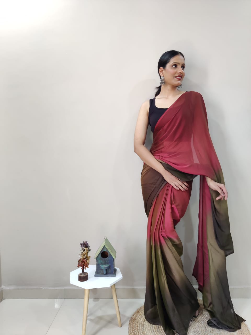 Stylish Marron With Brown Color Shade Ready To Wear Saree