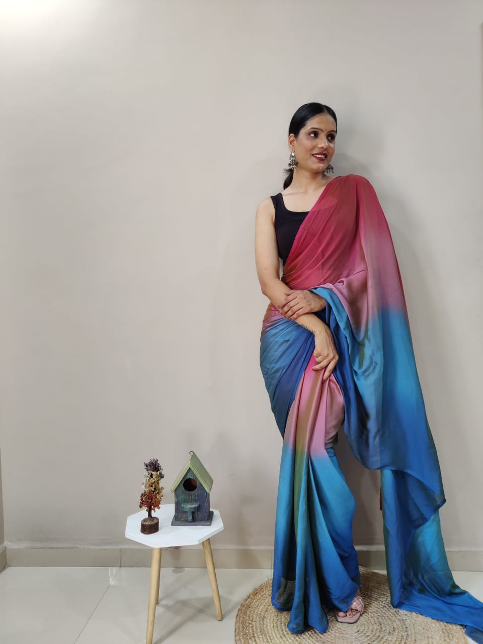 Stylish Pink With Blue Shade Ready To Wear Saree