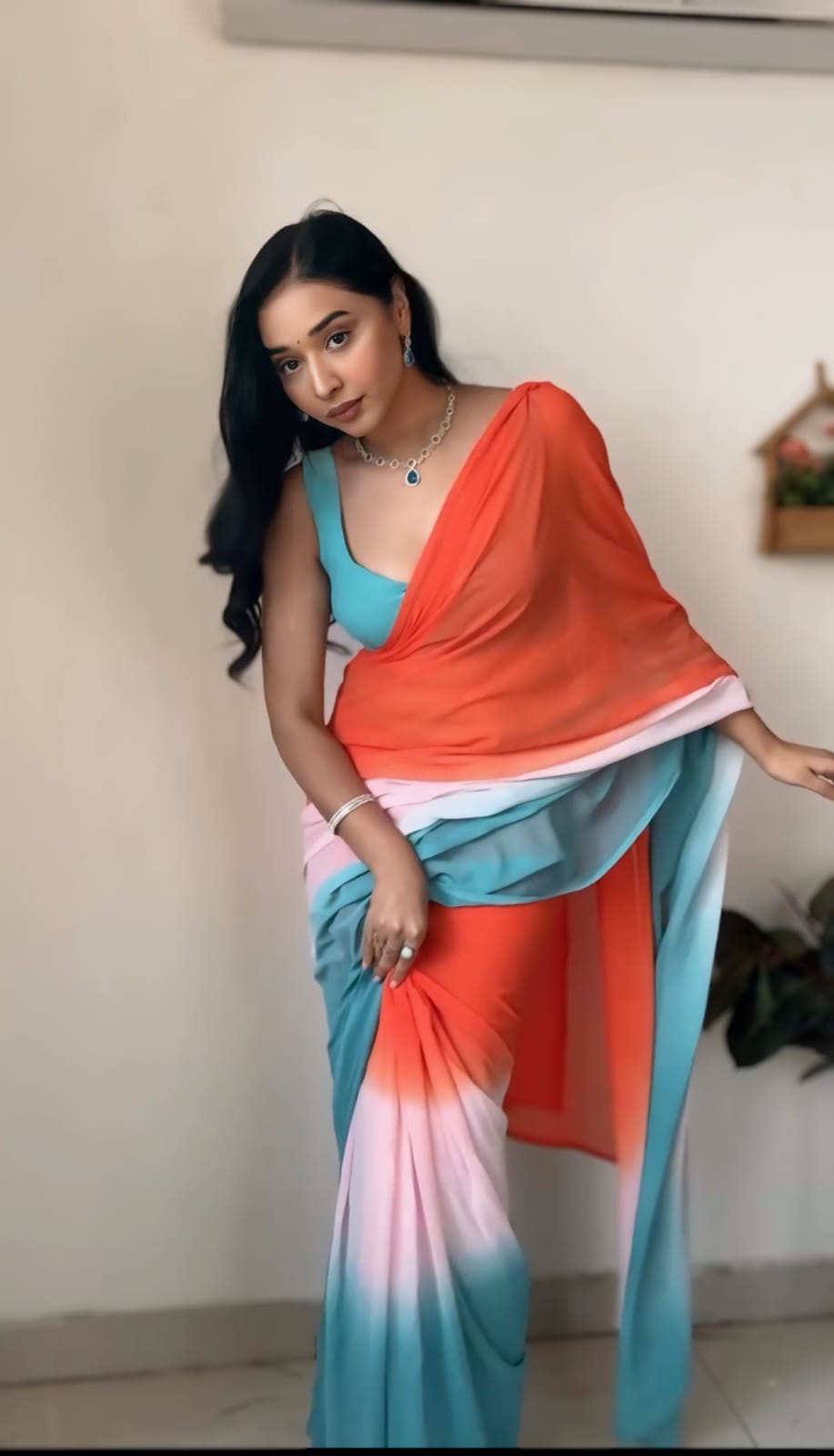 Exclusive Ready To Wear Orange With Sky Saree