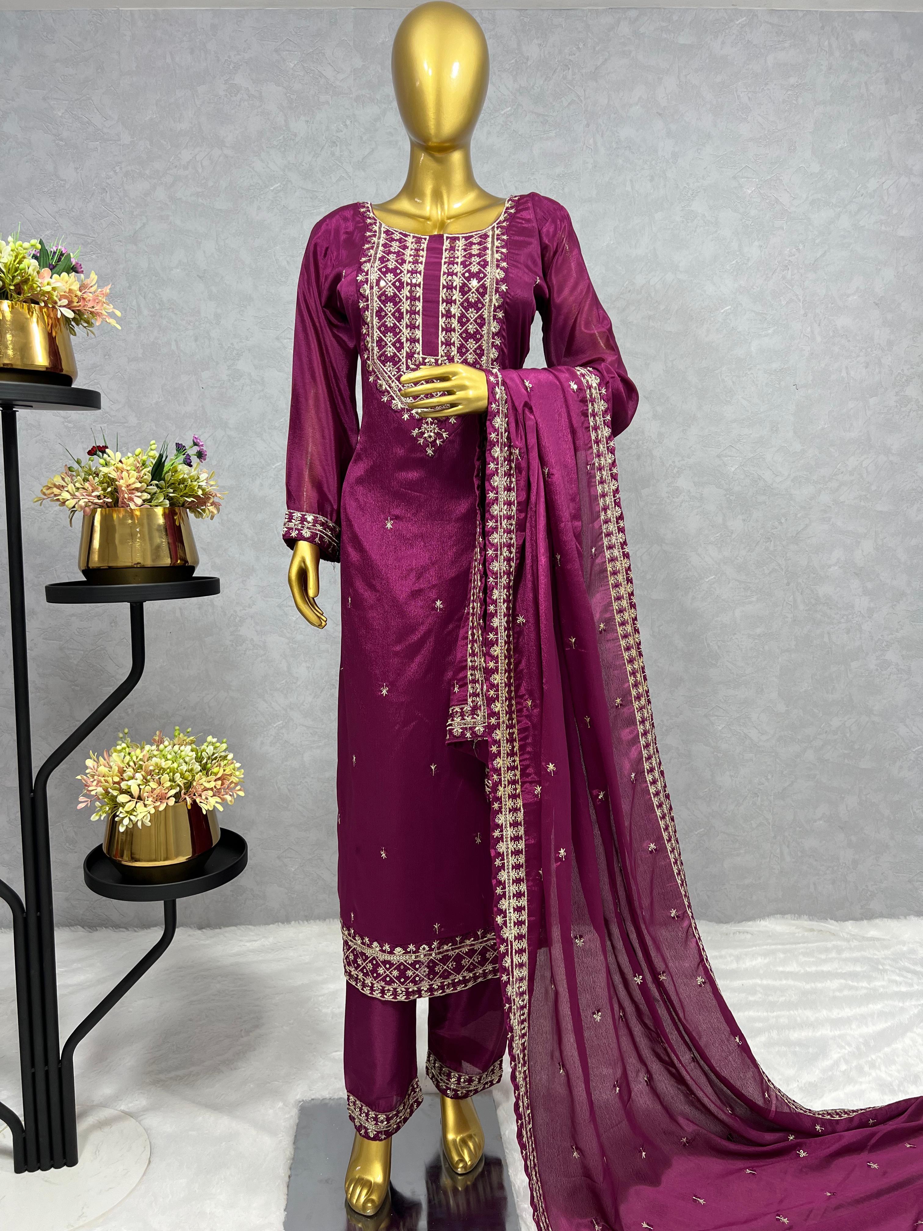 Stylish Embroidery Sequence Work Purple Color Salwar Suit