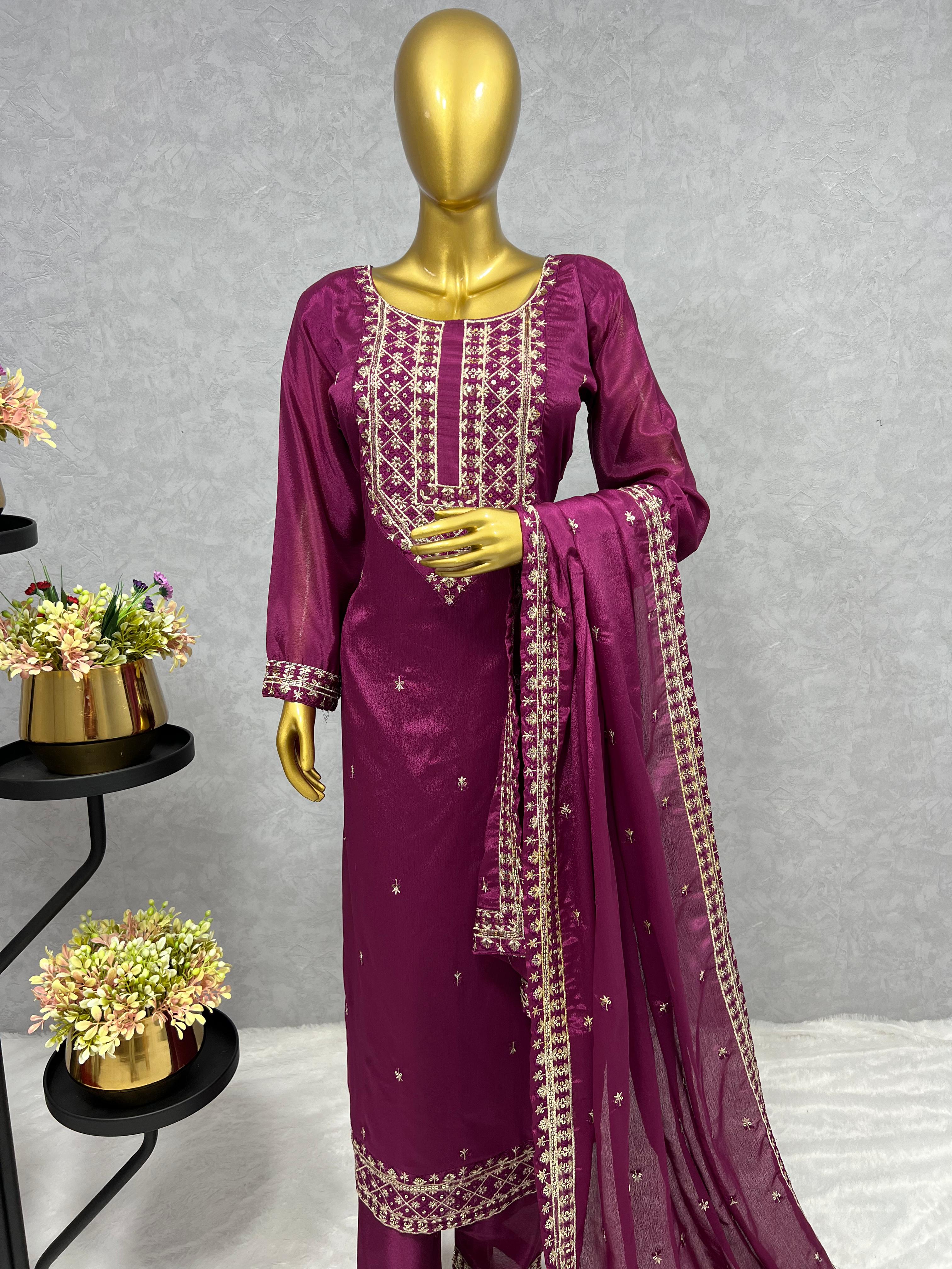 Stylish Embroidery Sequence Work Purple Color Salwar Suit