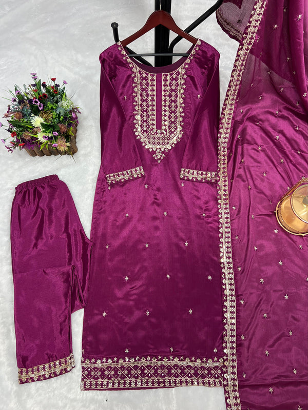 Stylish Embroidery Sequence Work Purple Color Salwar Suit