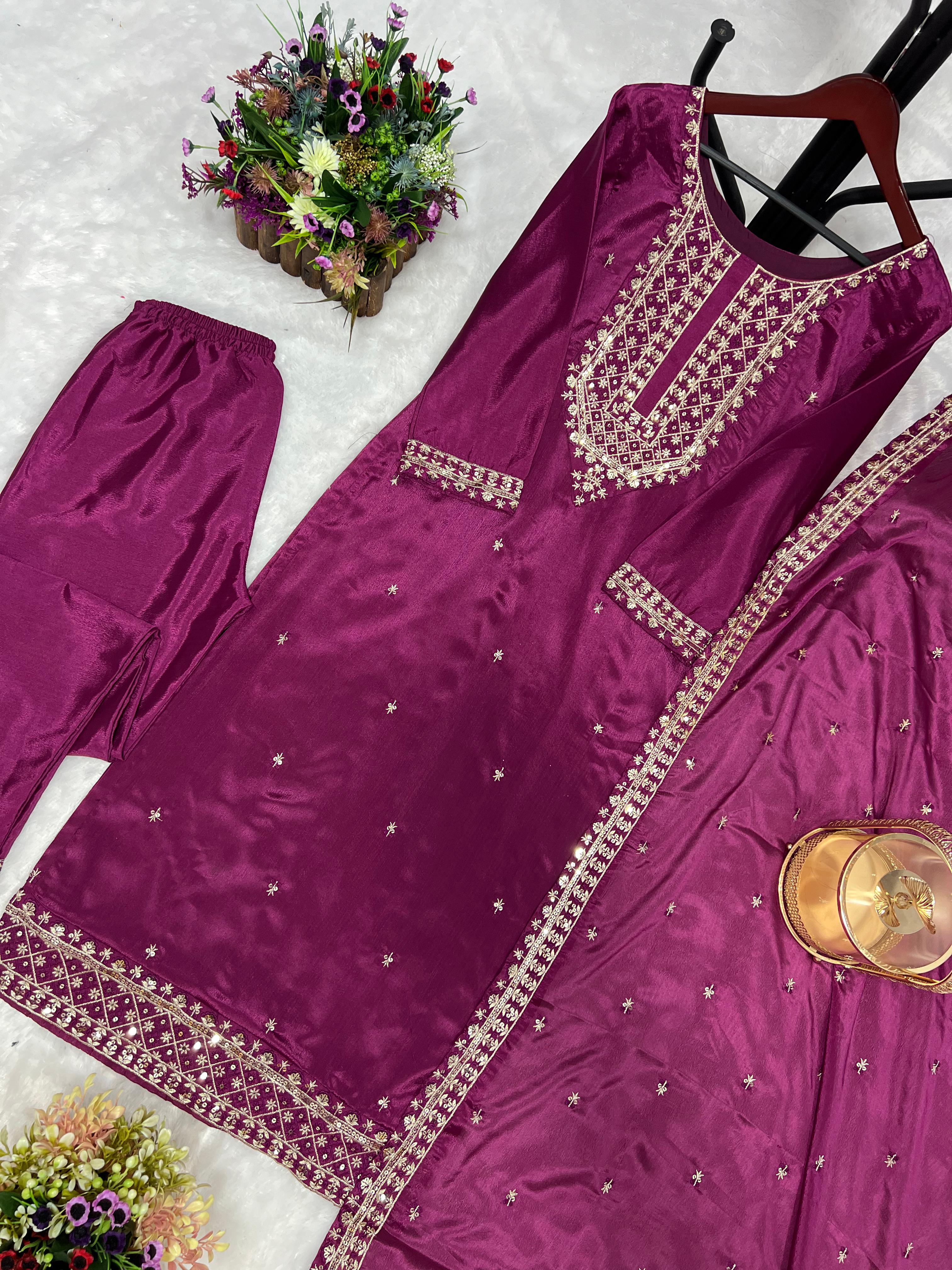 Stylish Embroidery Sequence Work Purple Color Salwar Suit