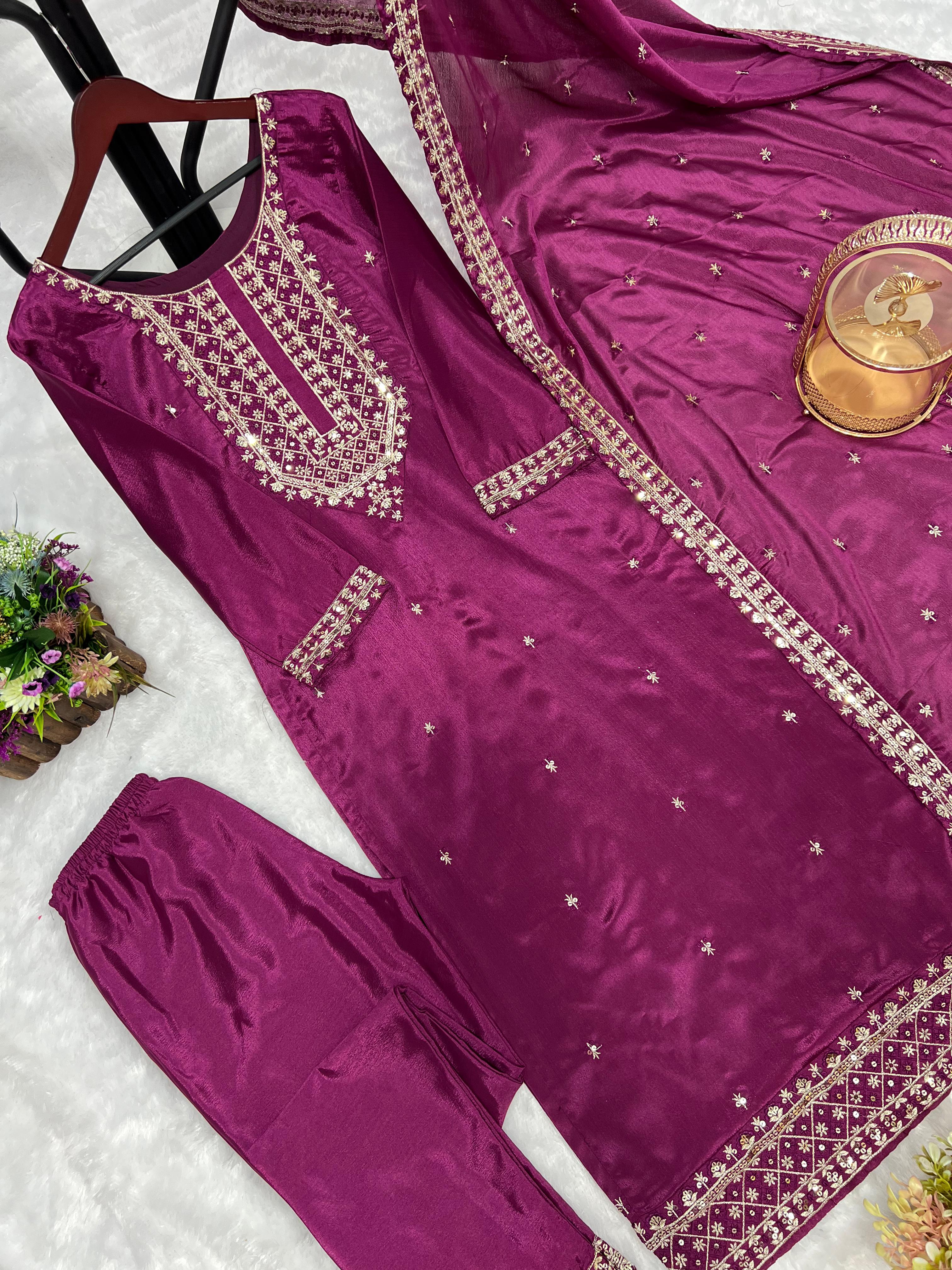 Stylish Embroidery Sequence Work Purple Color Salwar Suit