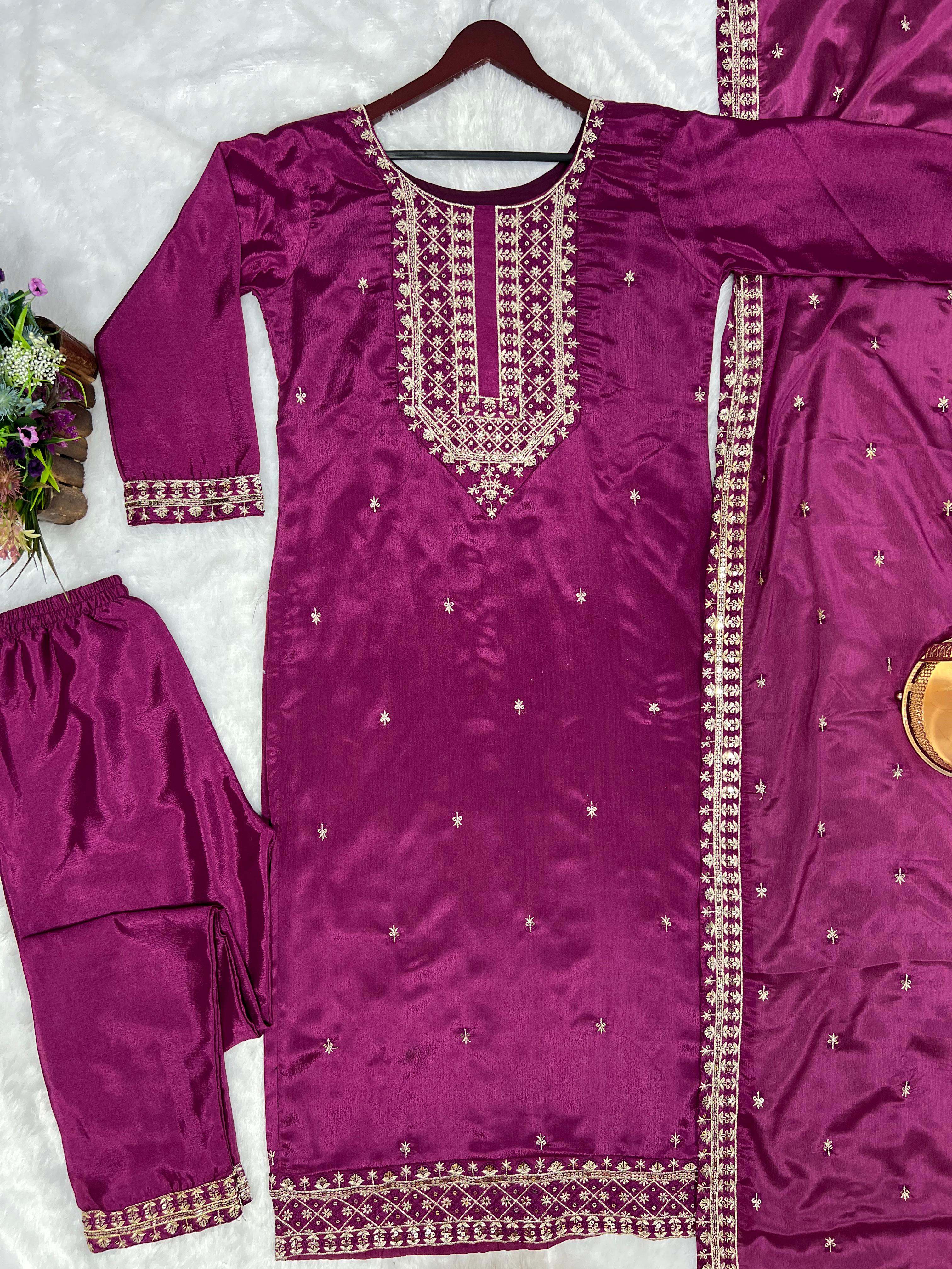 Stylish Embroidery Sequence Work Purple Color Salwar Suit