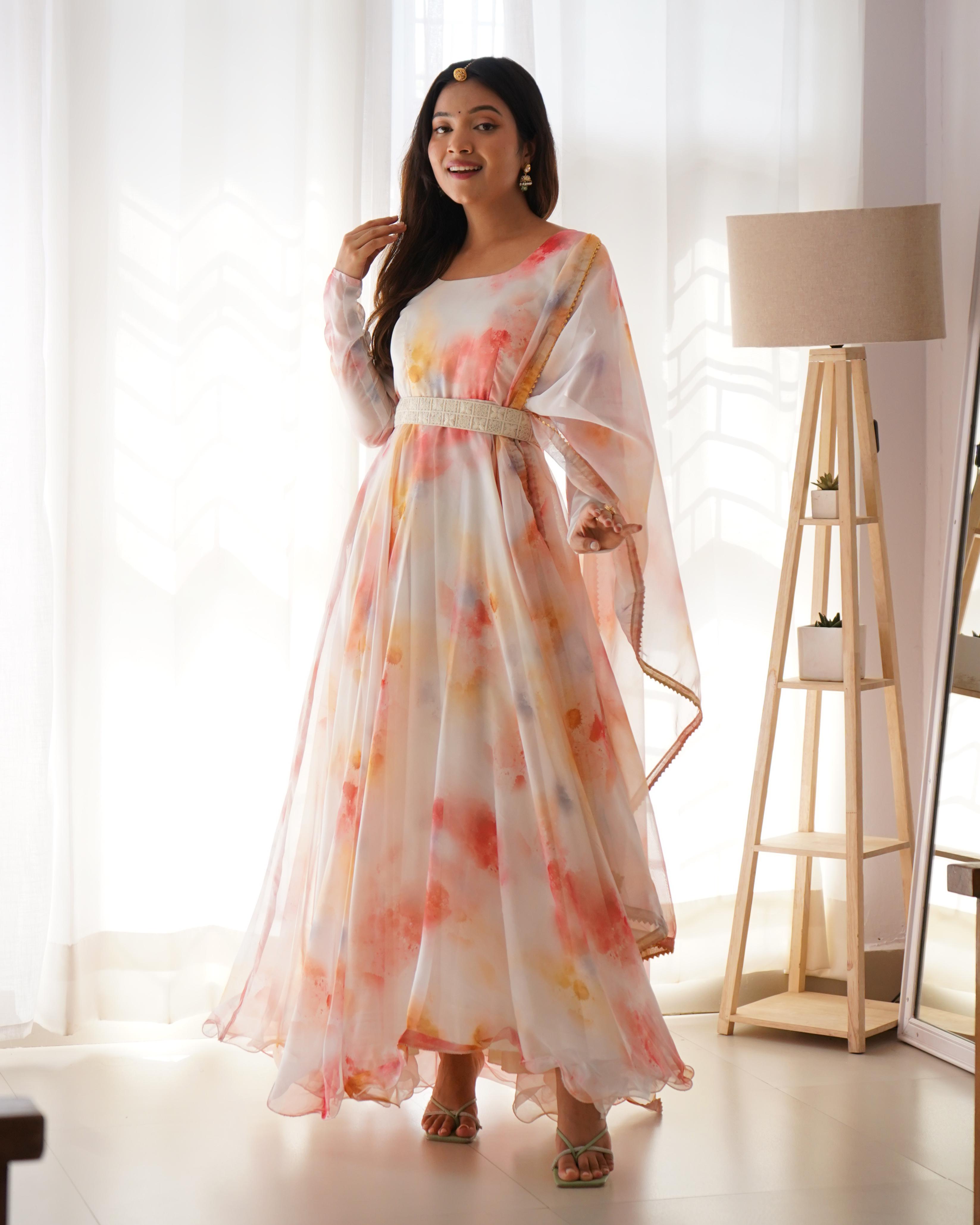 Elegant White Color Shibori Print Designer Gown