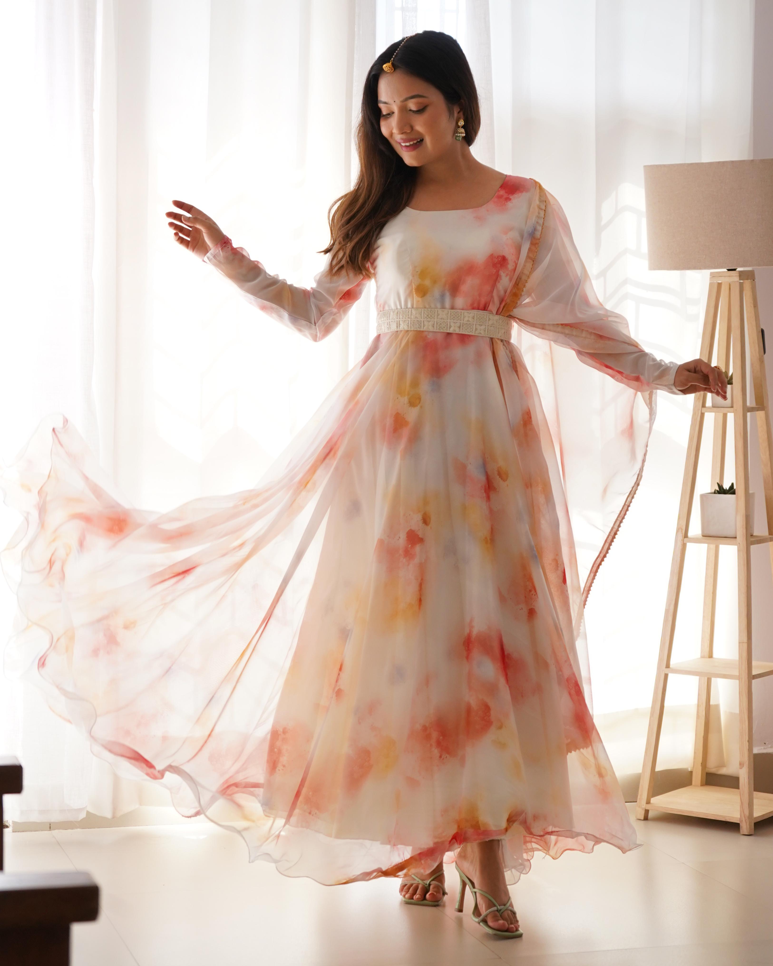 Elegant White Color Shibori Print Designer Gown