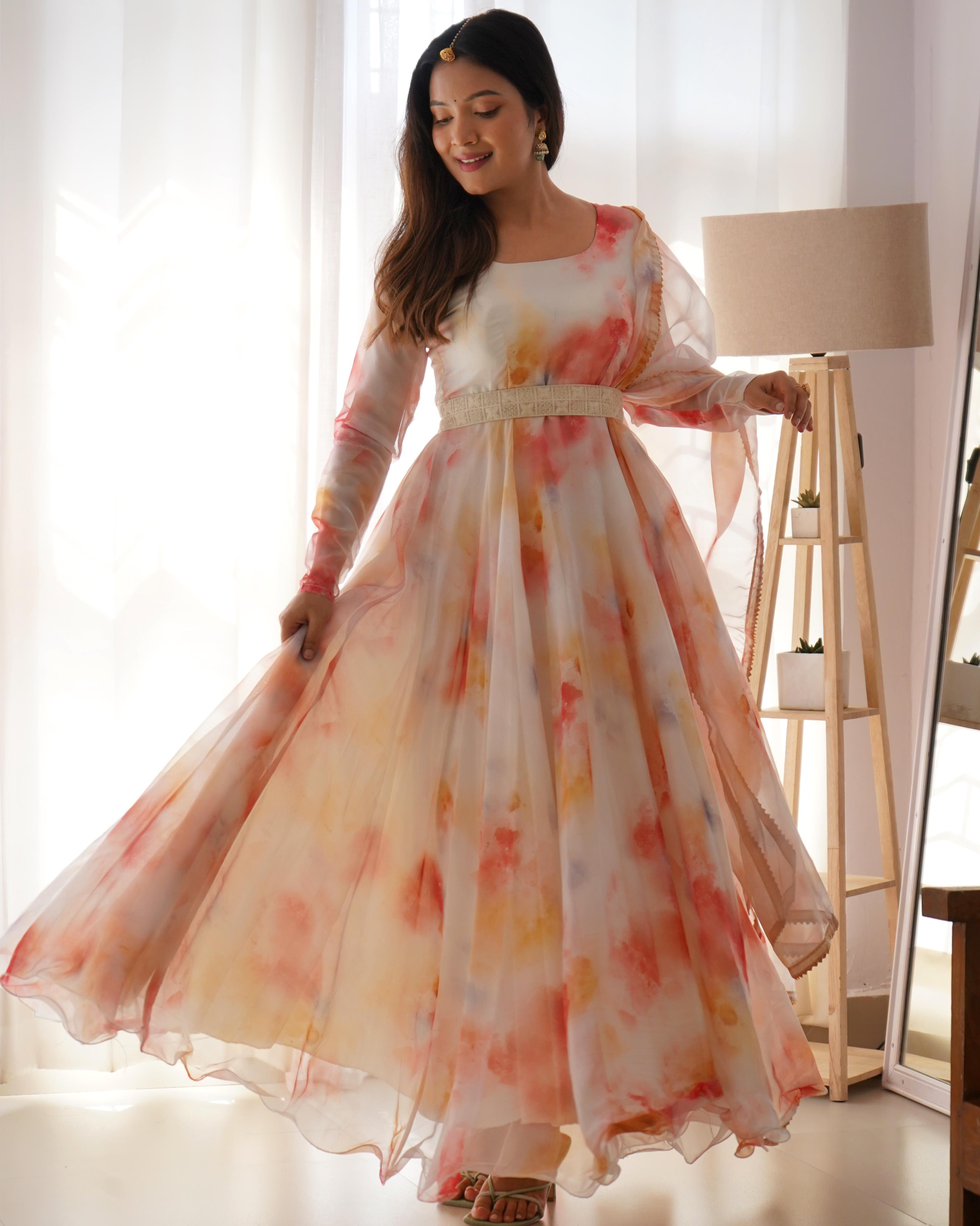 Elegant White Color Shibori Print Designer Gown