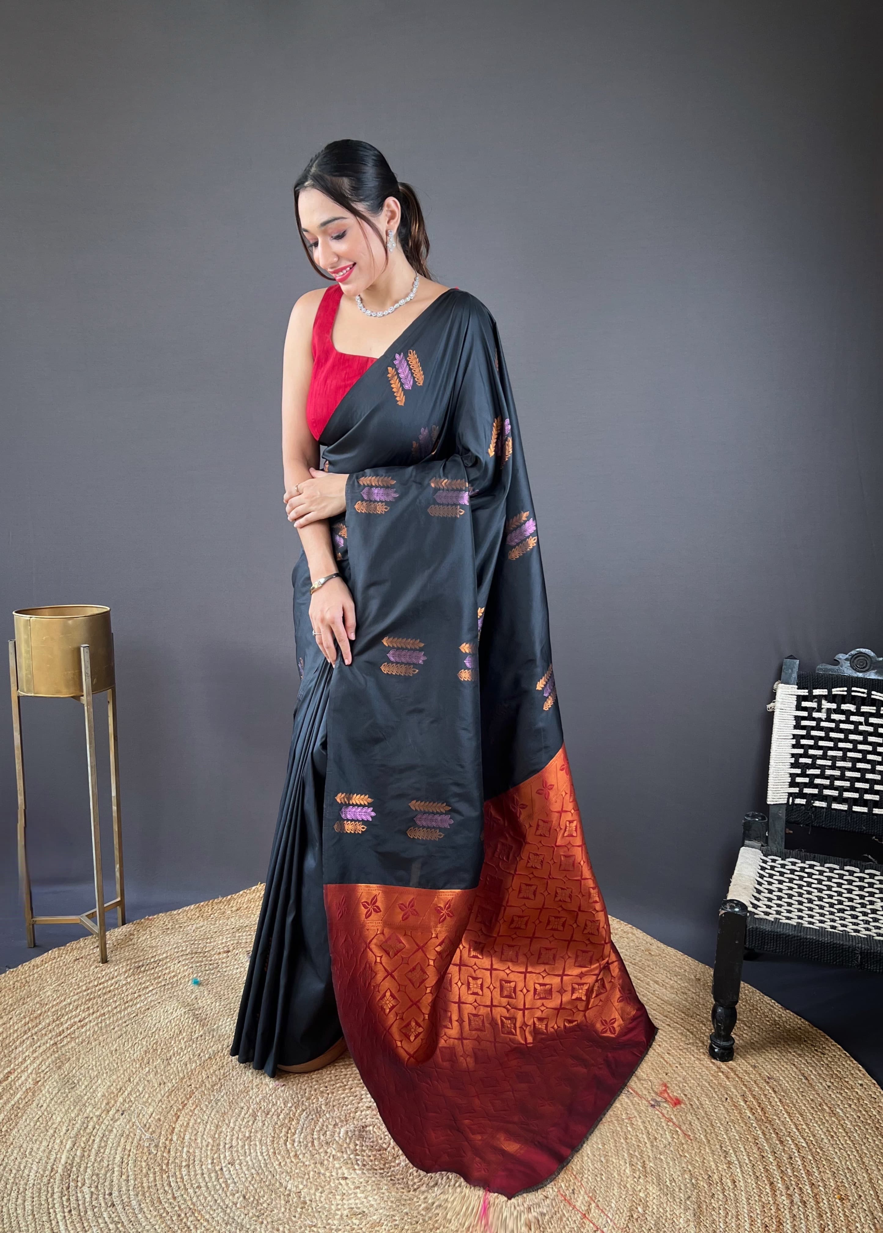 Copper Weaving Border And Pallu Black Color Saree