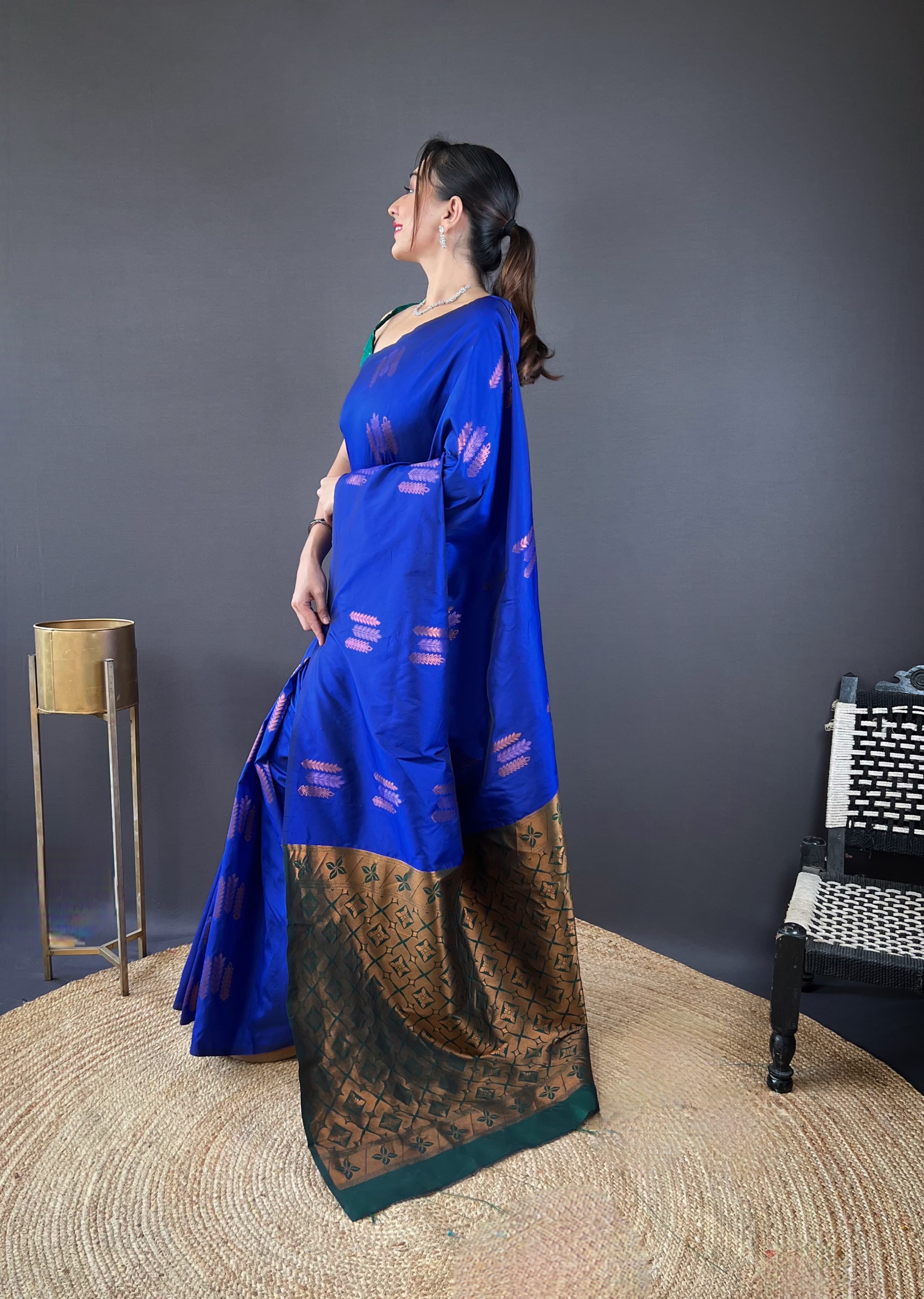 Copper Weaving Border And Pallu Navy Blue Color Saree