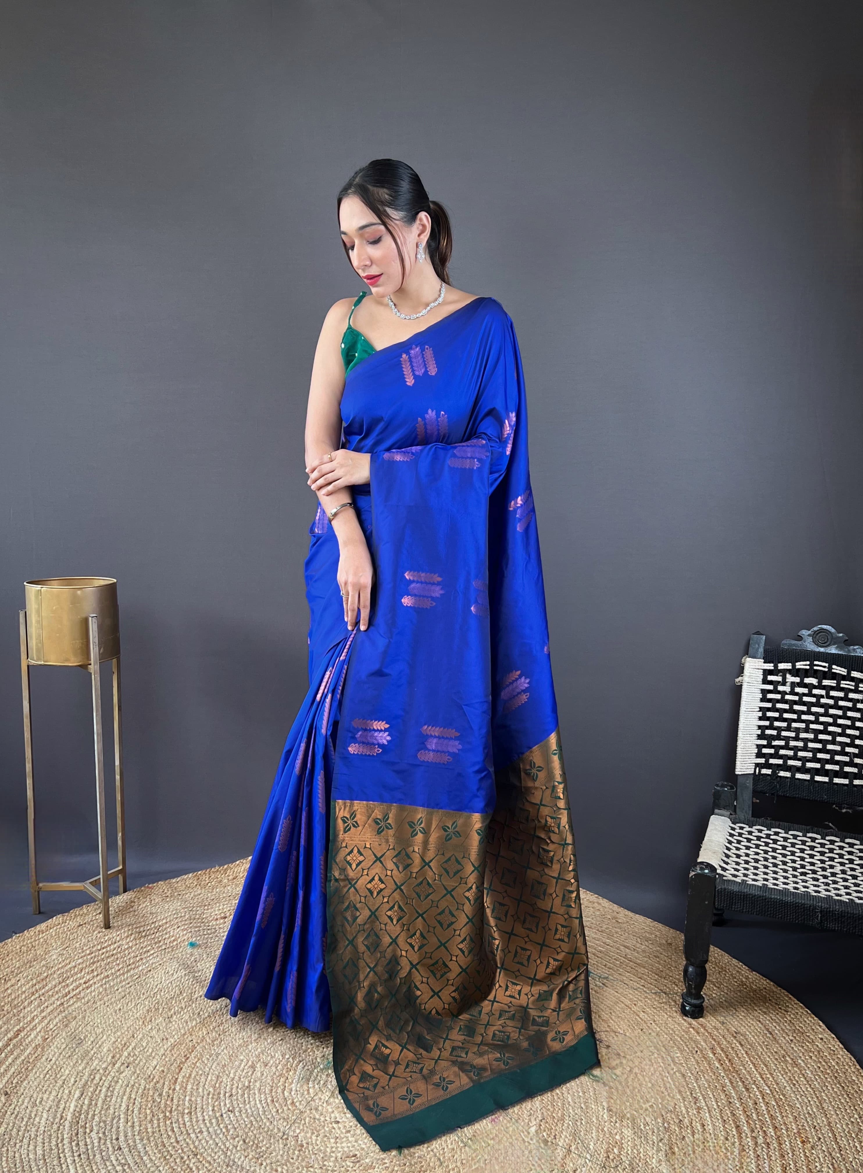 Copper Weaving Border And Pallu Navy Blue Color Saree