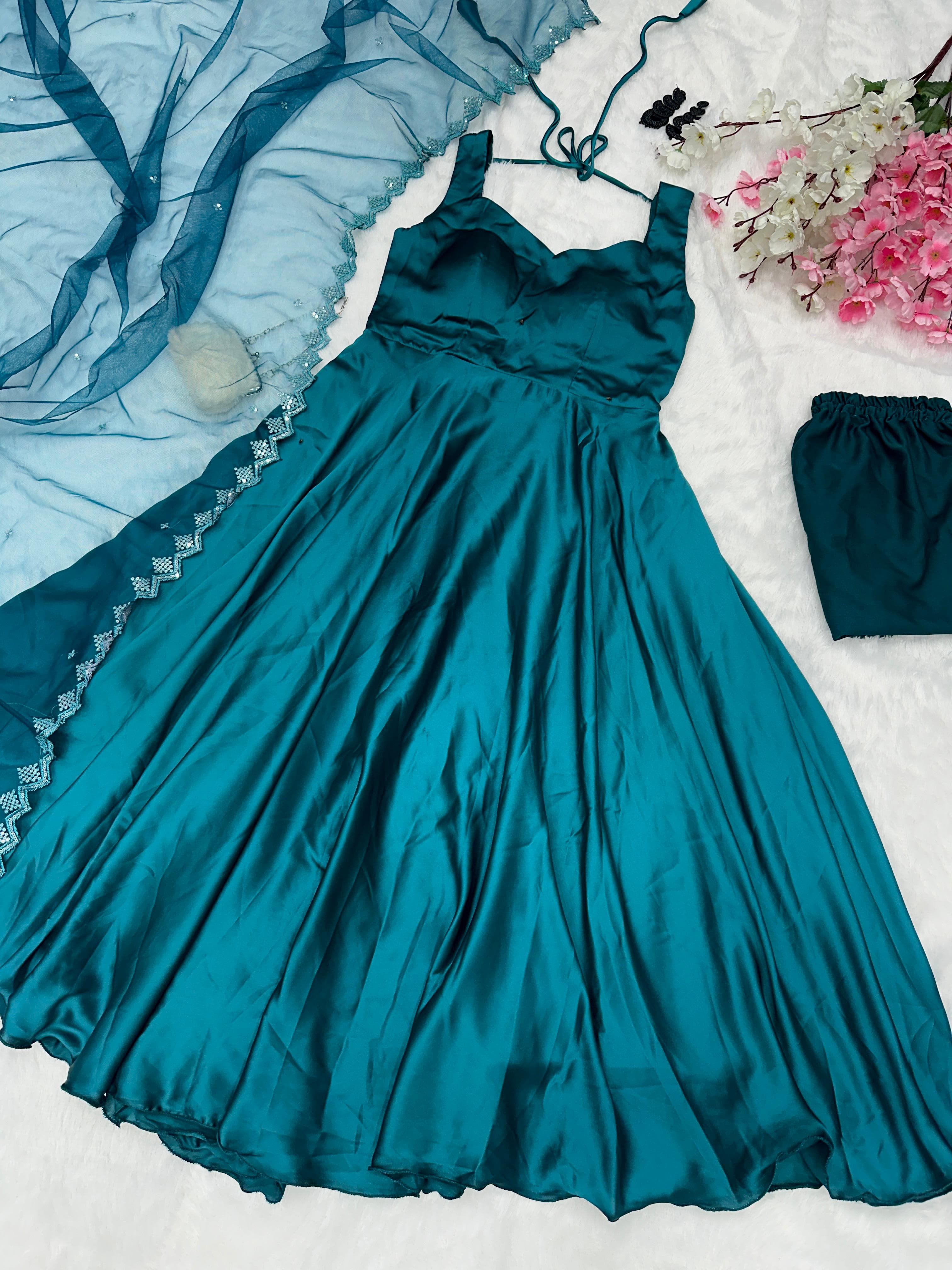 Admiring Teal Blue Color Satin Anarkali Suit