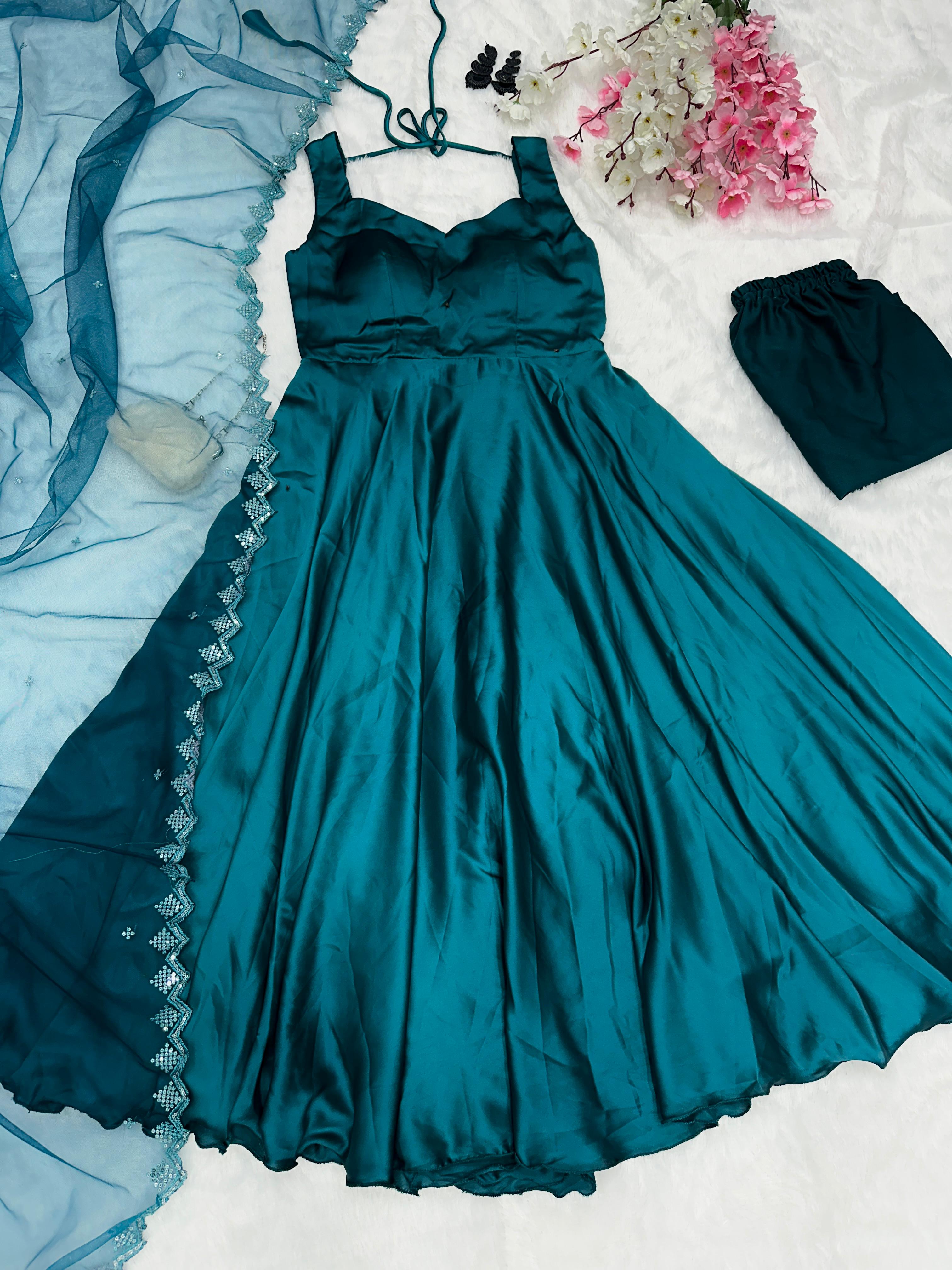 Admiring Teal Blue Color Satin Anarkali Suit