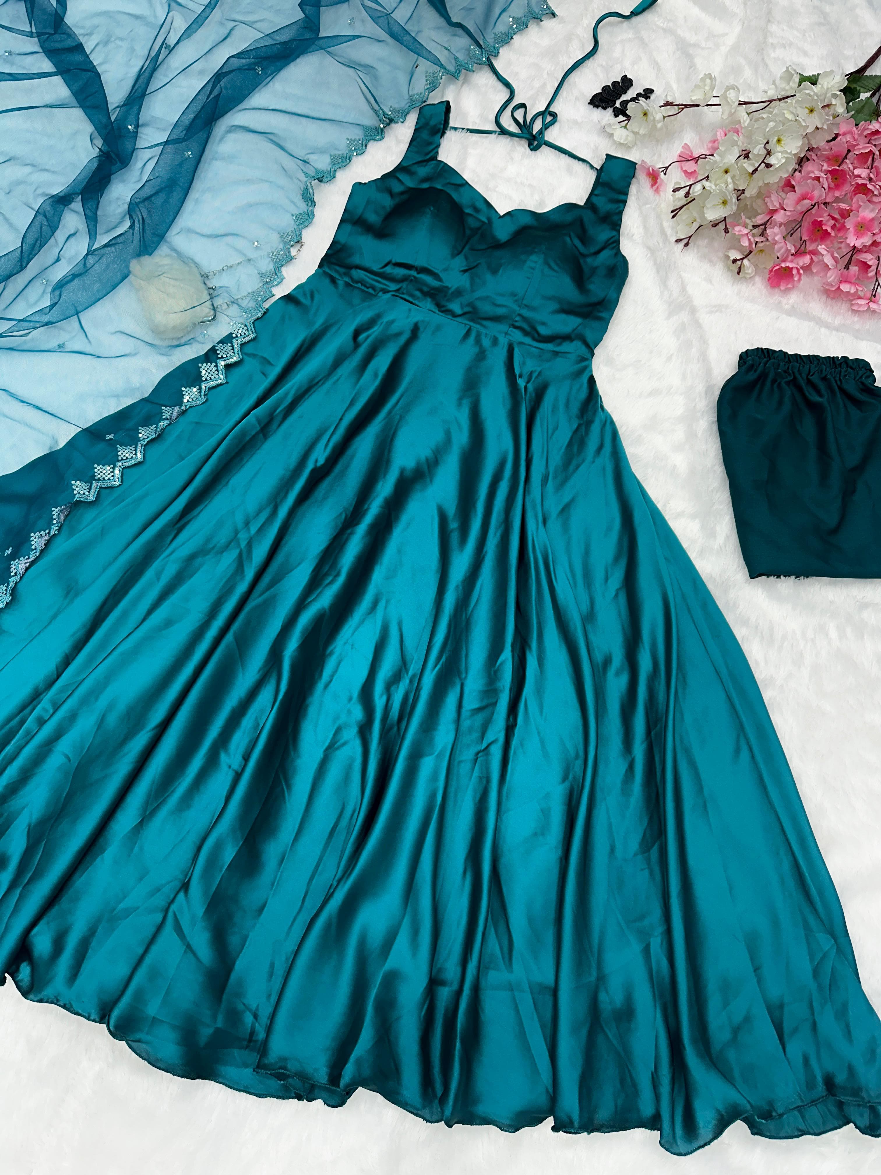 Admiring Teal Blue Color Satin Anarkali Suit