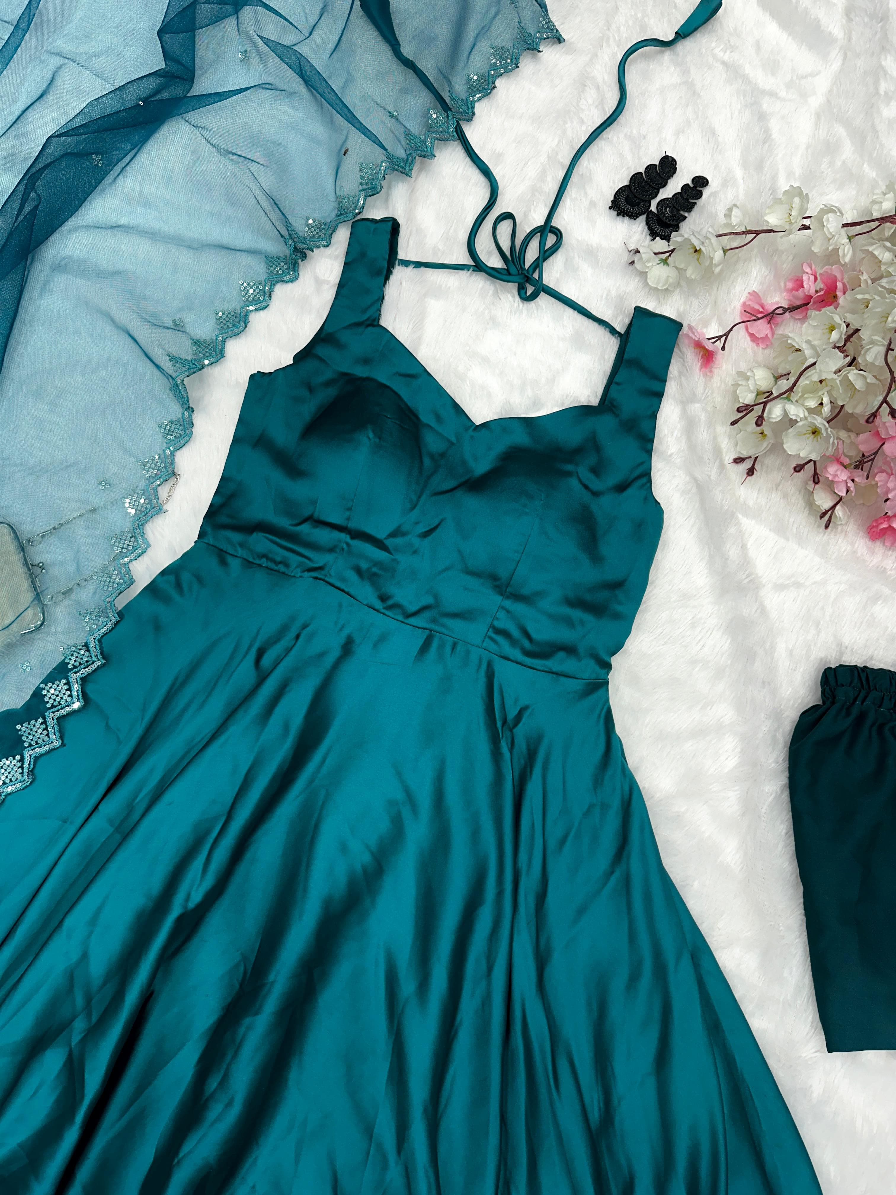 Admiring Teal Blue Color Satin Anarkali Suit