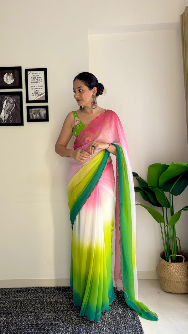 Multi Work Blouse With Parrot Green and Pink Shade Saree