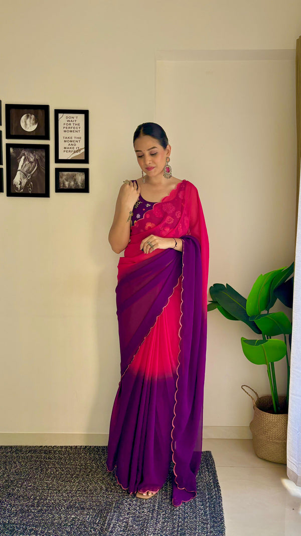 Multi Work Blouse With Parrot Purple and Pink Shade Saree