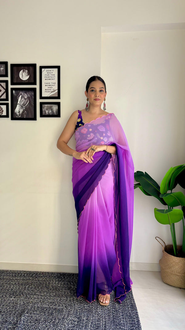 Multi Work Blouse With Parrot Purple and Lavender Shade Saree