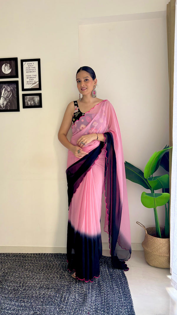 Multi Work Blouse With Parrot Light Pink and Black Shade Saree