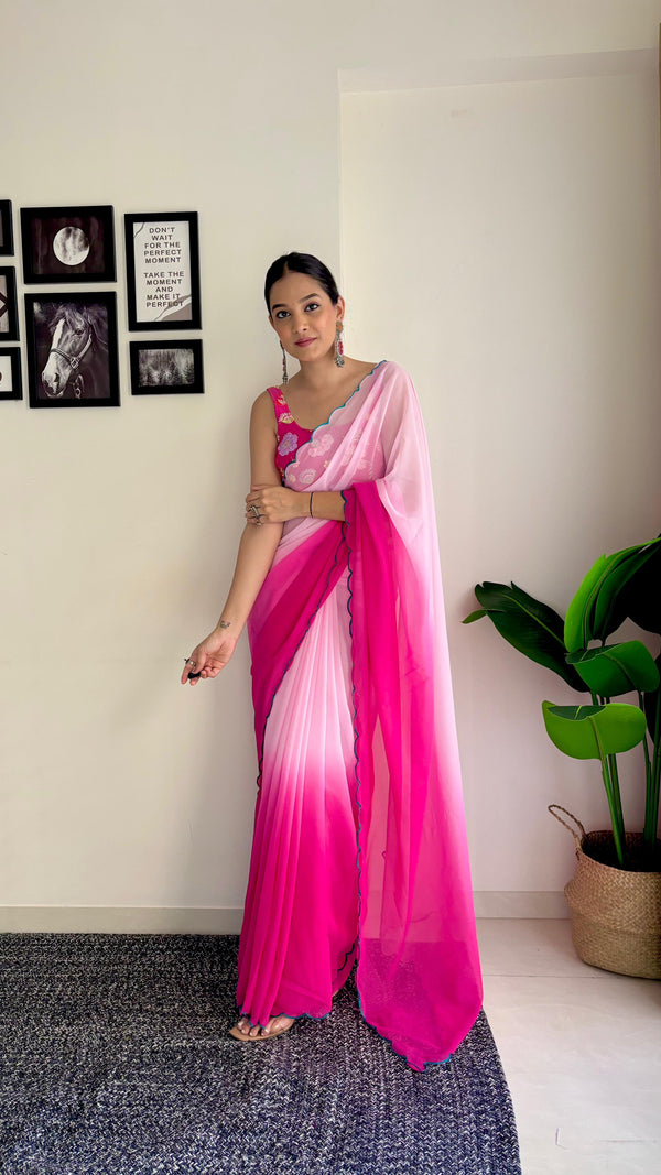 Multi Work Blouse With Parrot Light Pink and Dark Pink Shade Saree