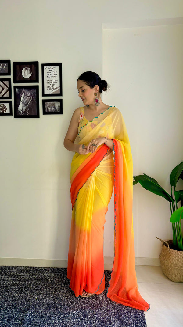 Multi Work Blouse With Parrot Yellow and Orange Shade Saree