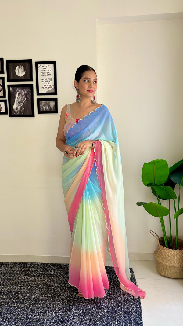 Multi Work Blouse With Parrot Sky and Multi Shade Saree