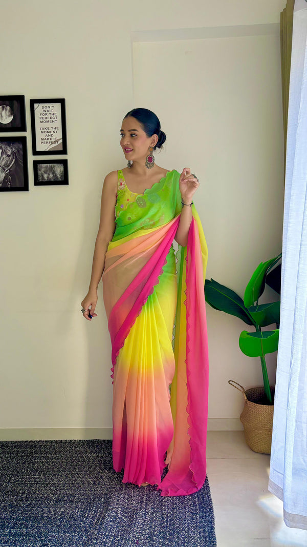 Multi Work Blouse With Parrot Parrot Green and Pink Shade Saree