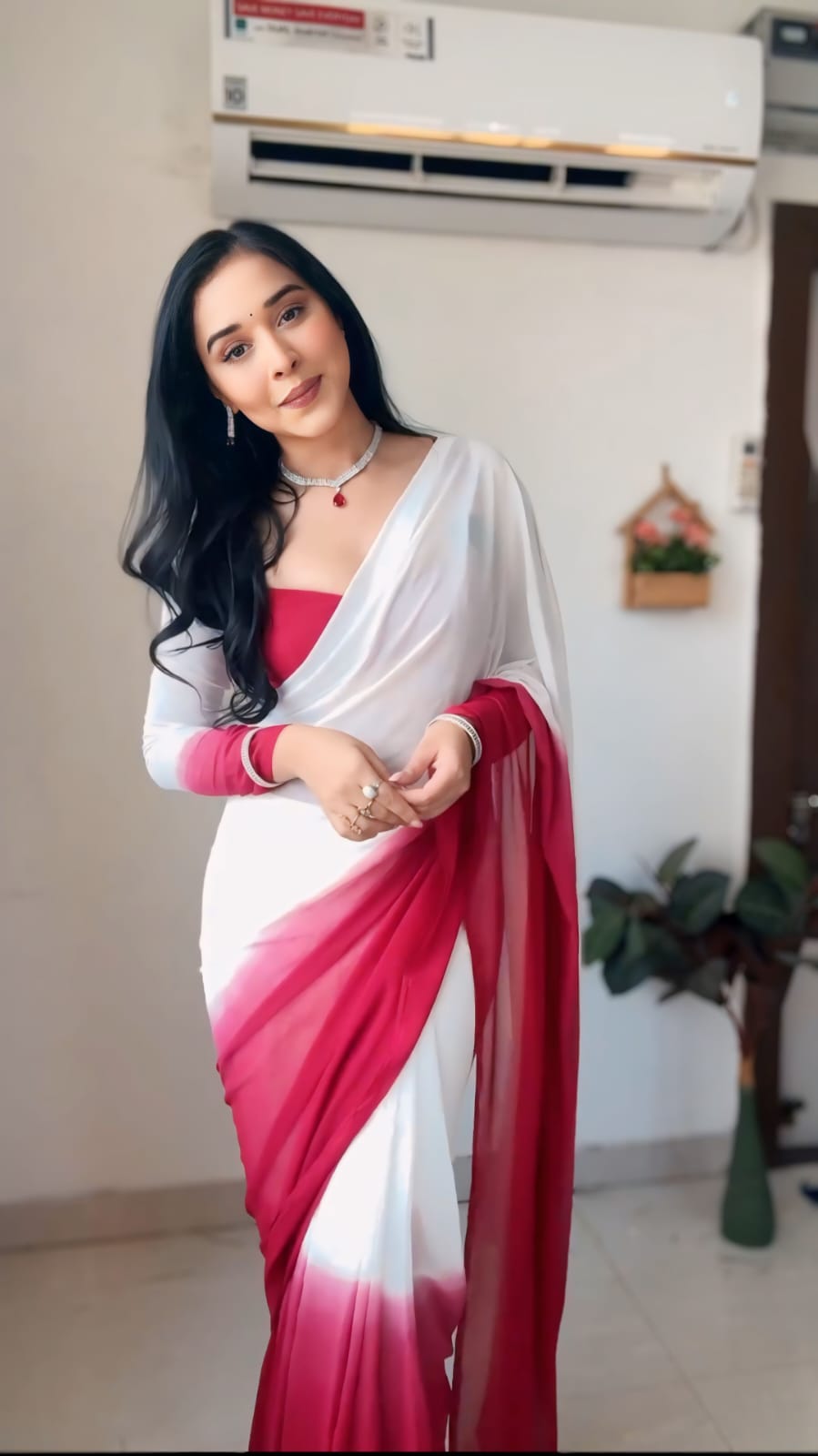 Elegant Ready To Wear White With Maroon Saree