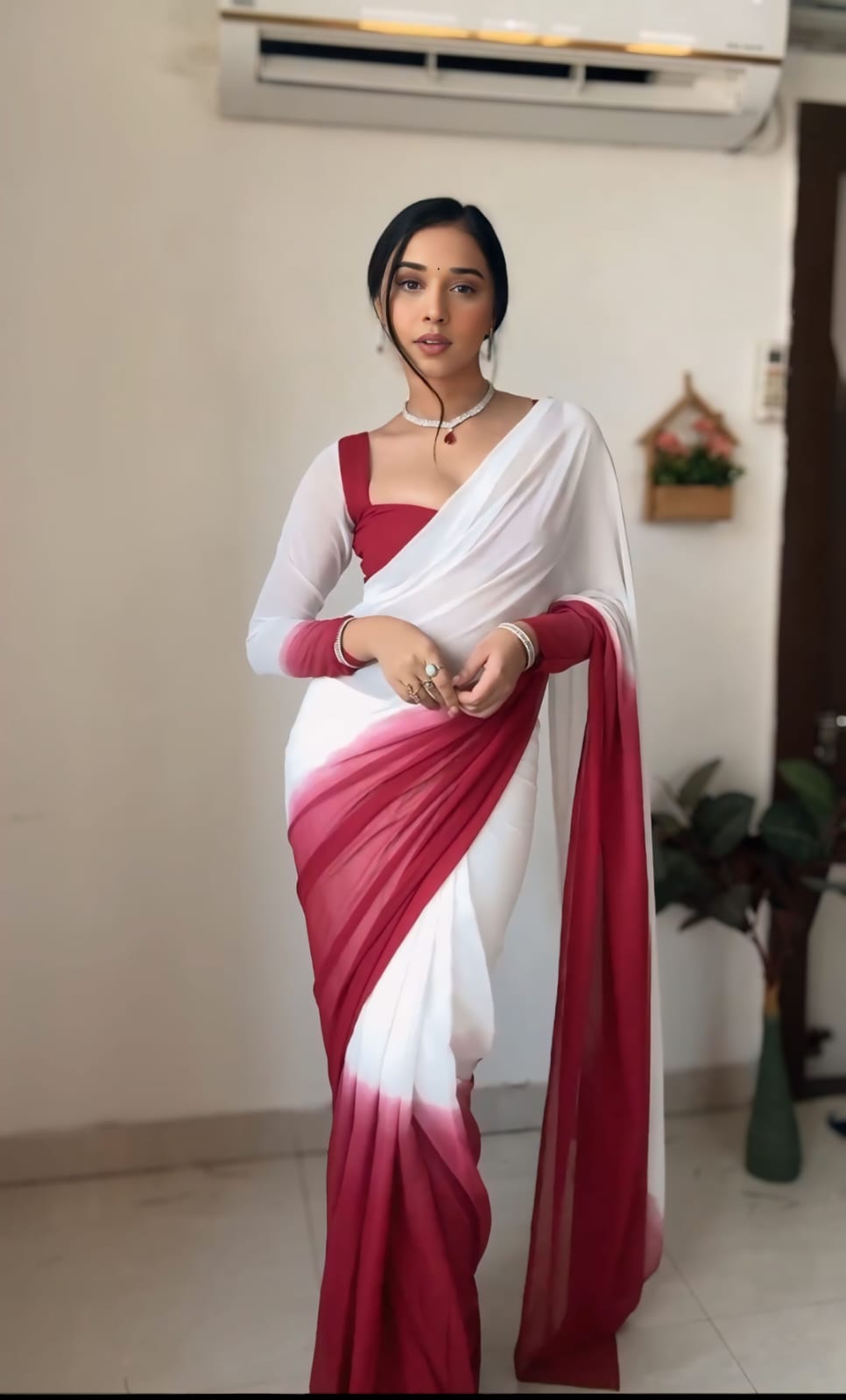 Elegant Ready To Wear White With Maroon Saree