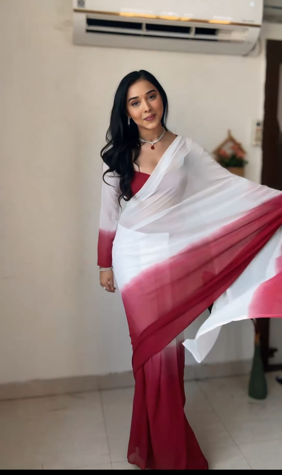 Elegant Ready To Wear White With Maroon Saree