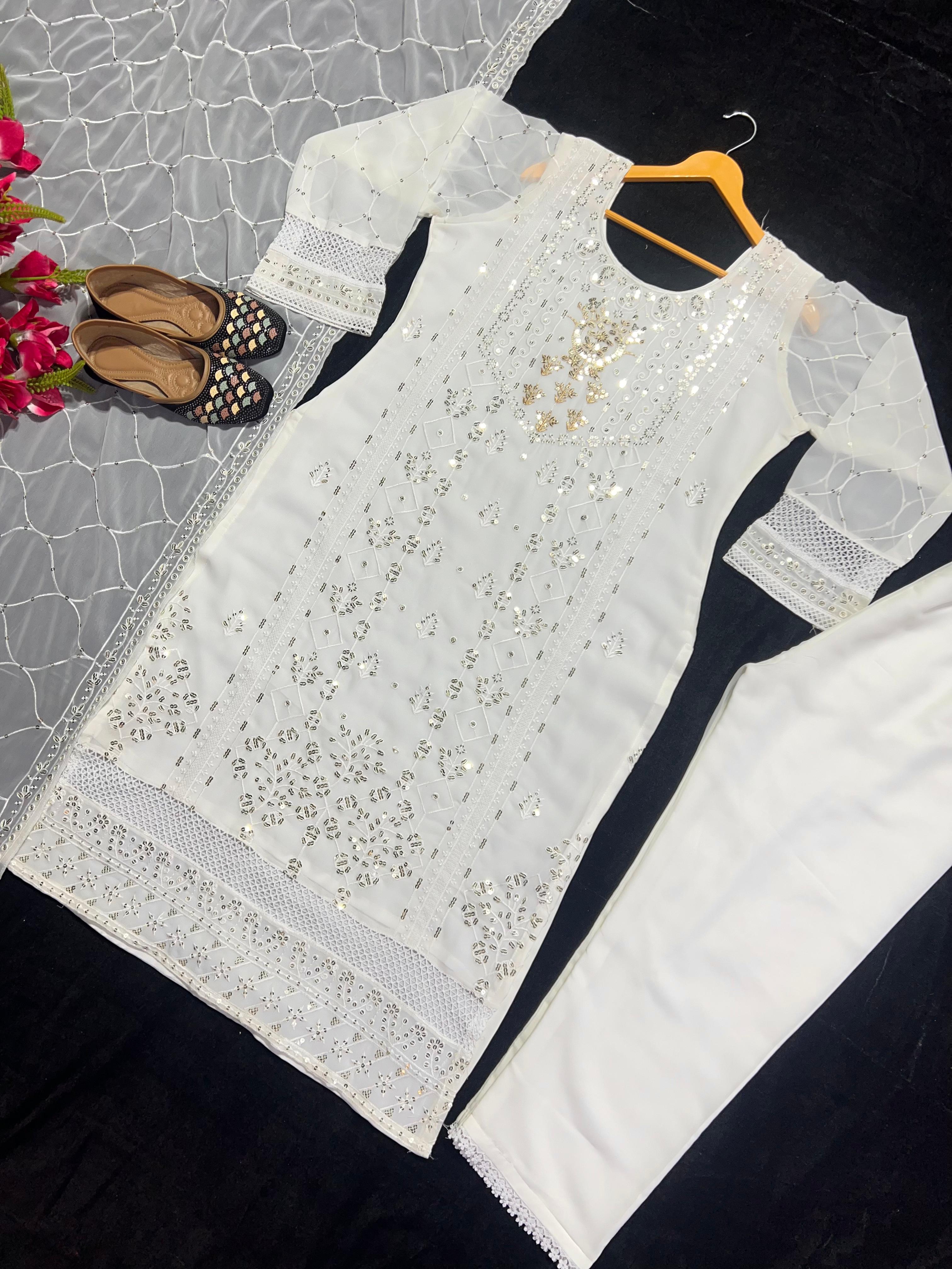 Delightful Sequence Thread Work White Salwar Suit