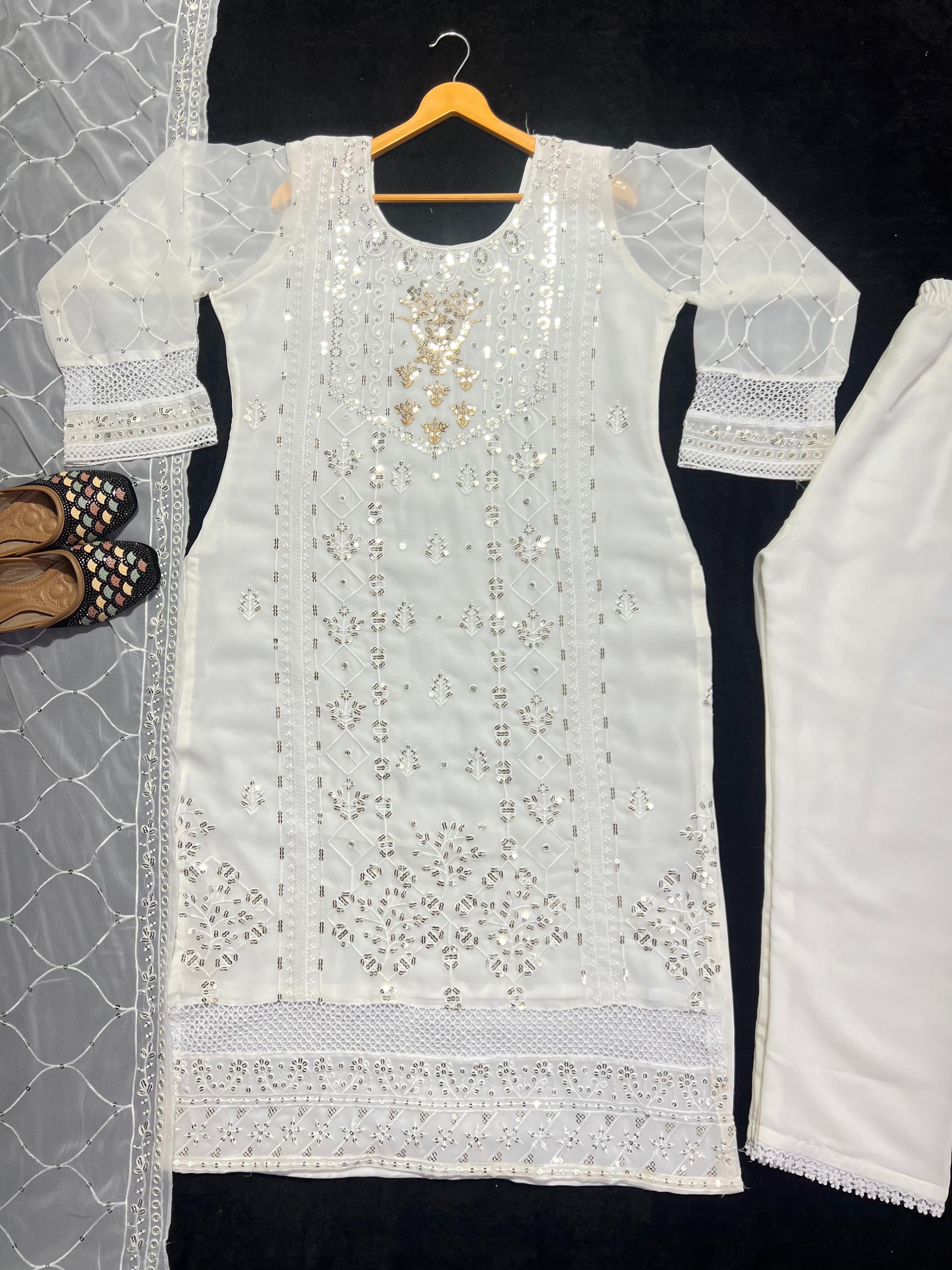 Delightful Sequence Thread Work White Salwar Suit