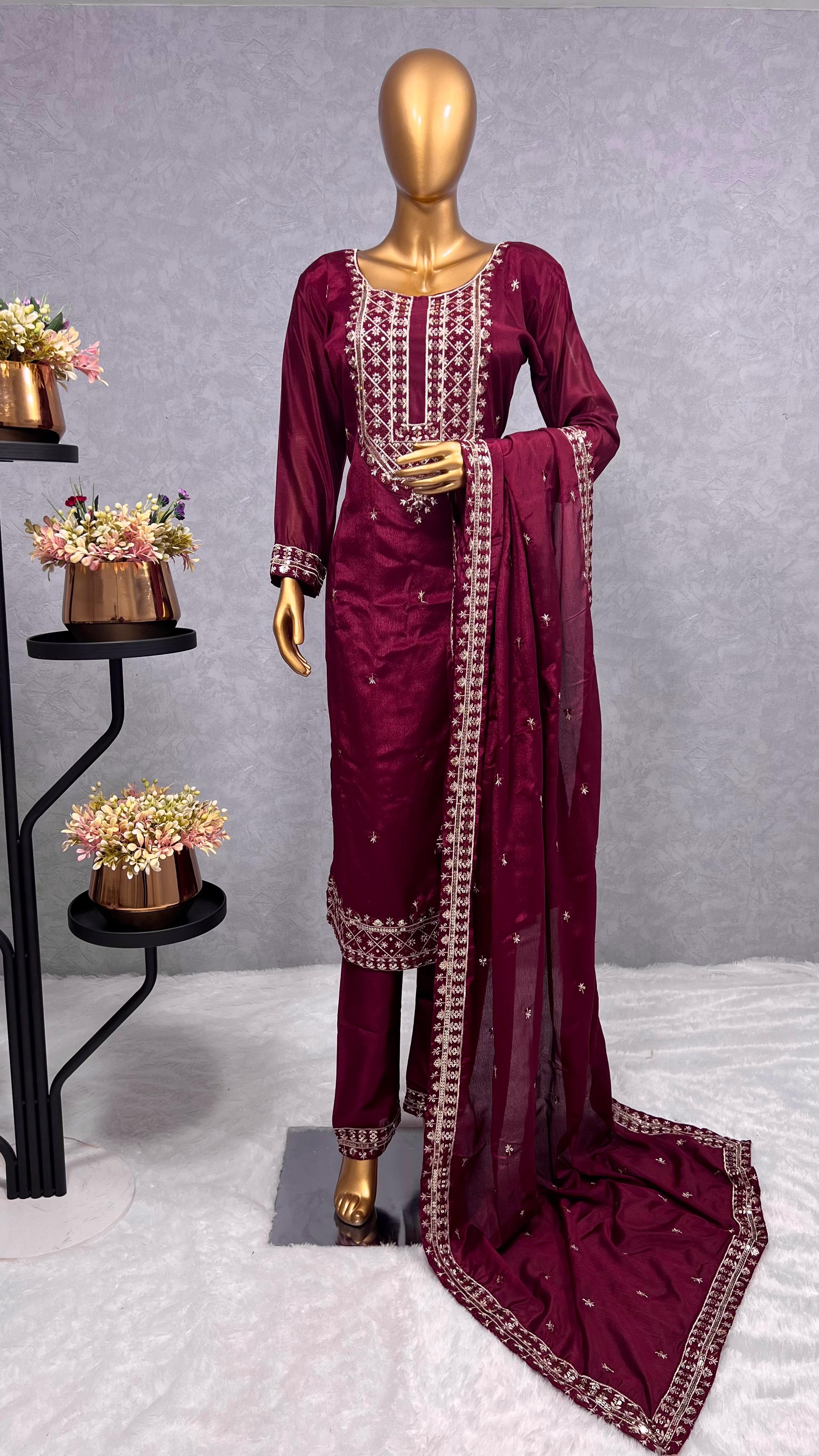 Stylish Embroidery Sequence Work Maroon Color Salwar Suit