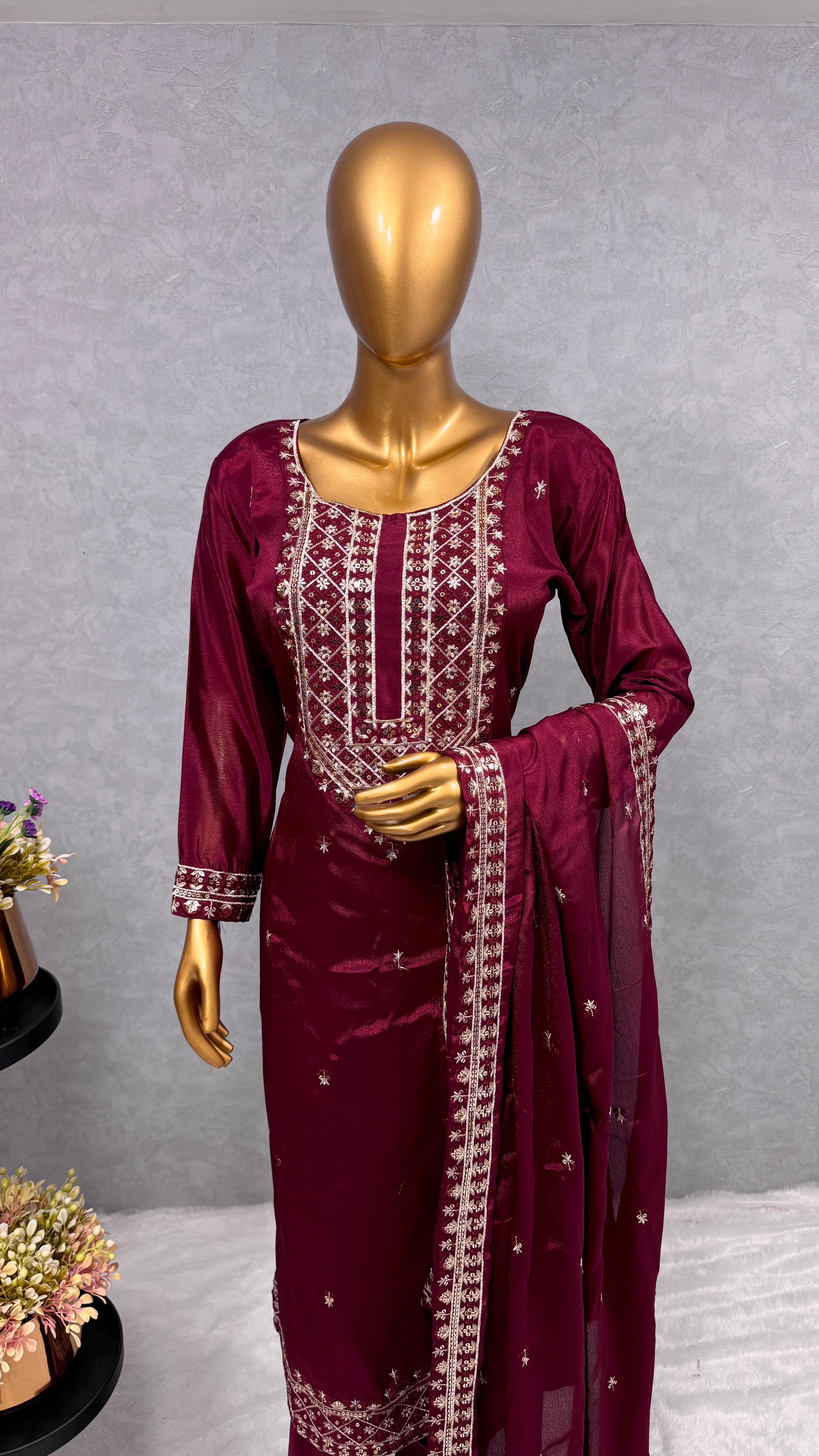 Stylish Embroidery Sequence Work Maroon Color Salwar Suit