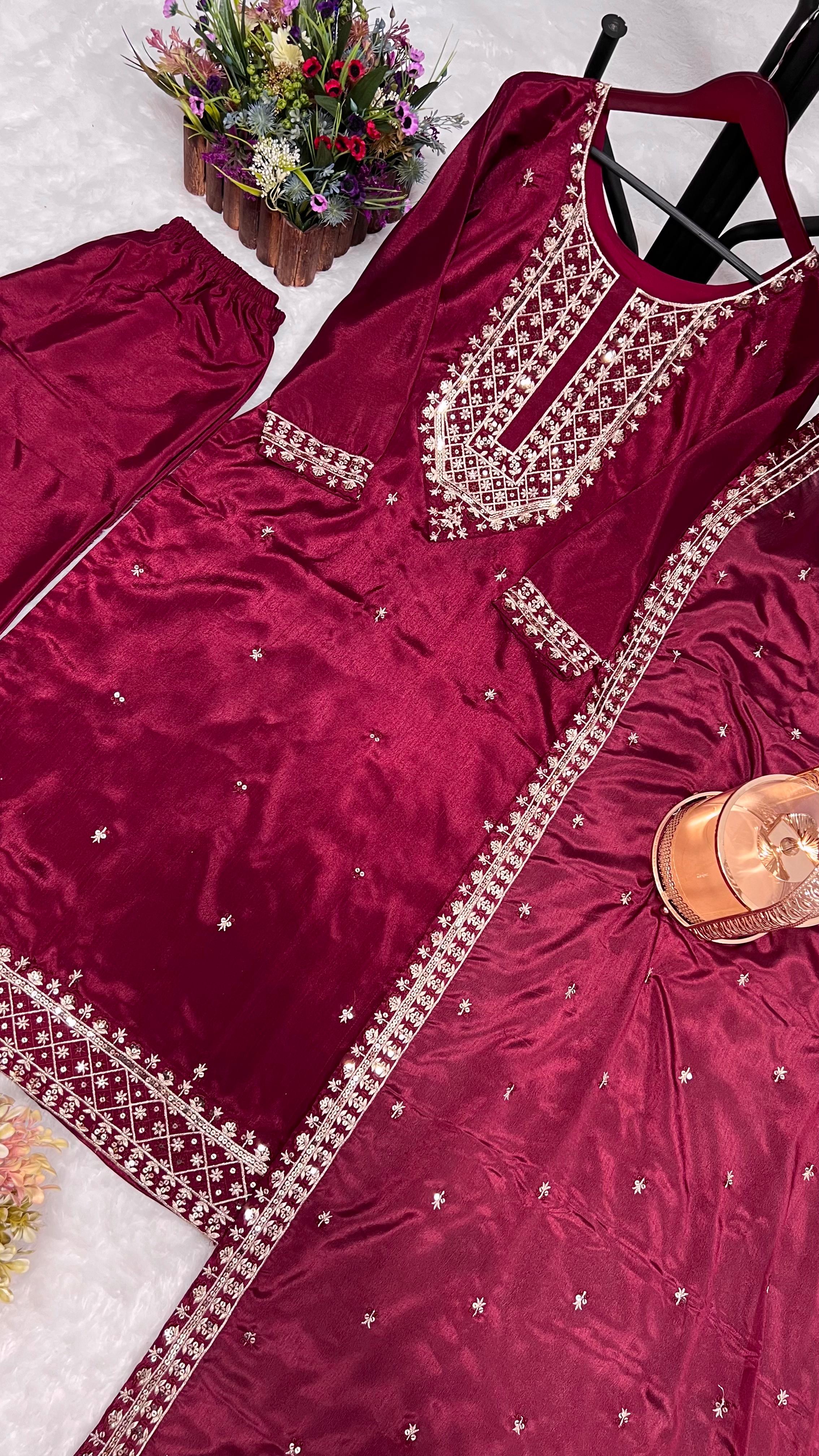 Stylish Embroidery Sequence Work Maroon Color Salwar Suit