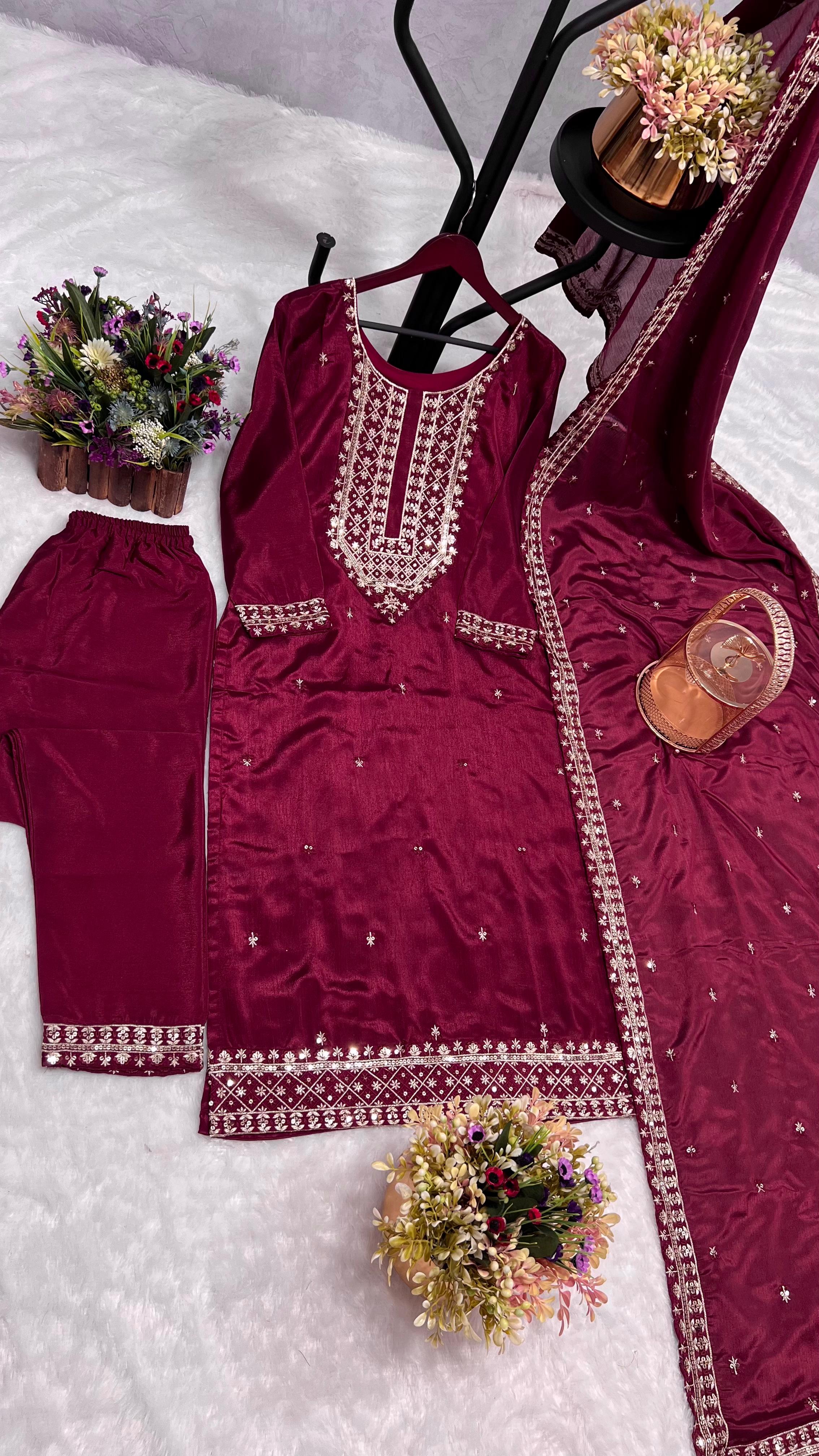 Stylish Embroidery Sequence Work Maroon Color Salwar Suit